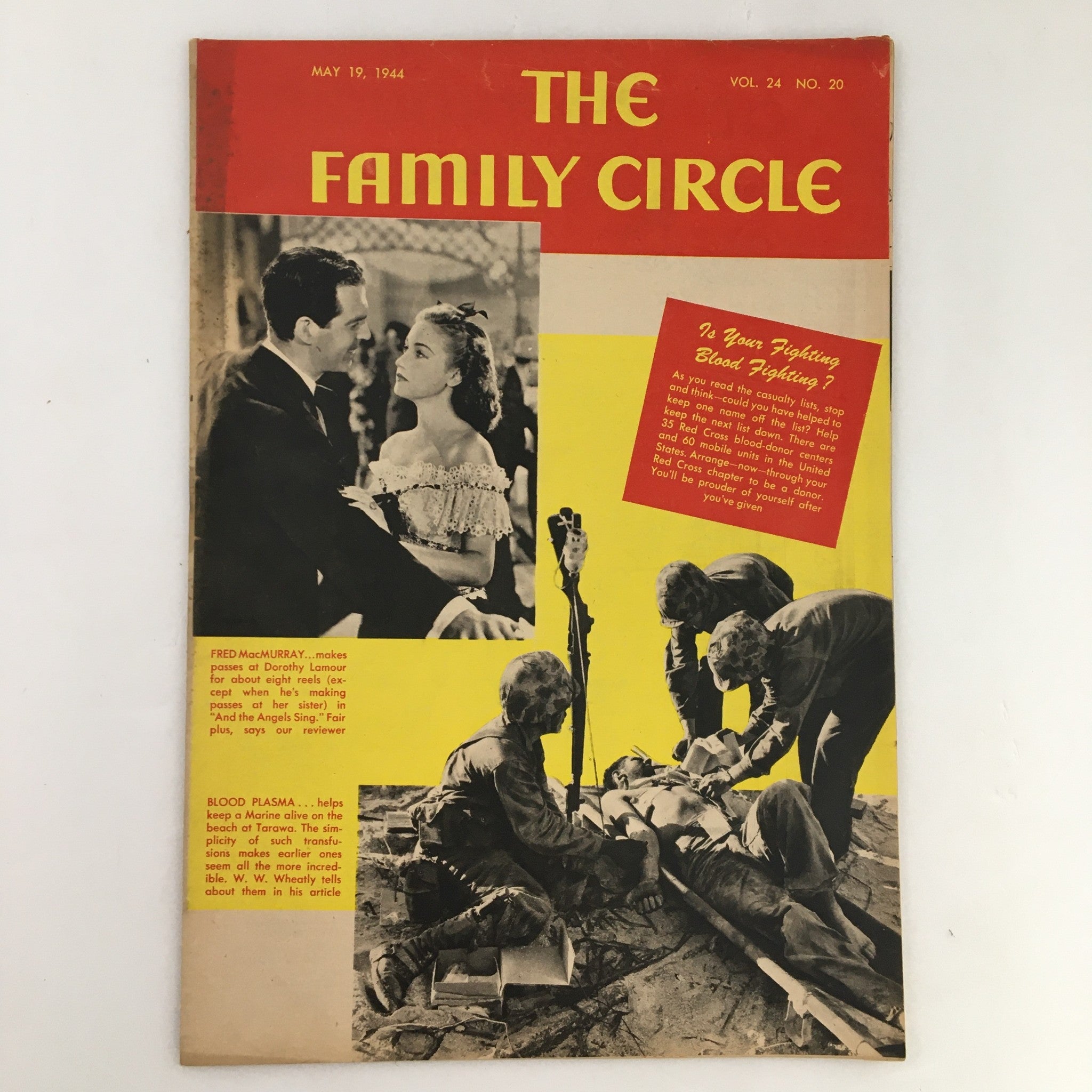 The Family Circle Magazine May 19 1944 featuring Fred MacMurray and Dorothy Lamour on the cover, showcasing vintage design and wartime imagery.