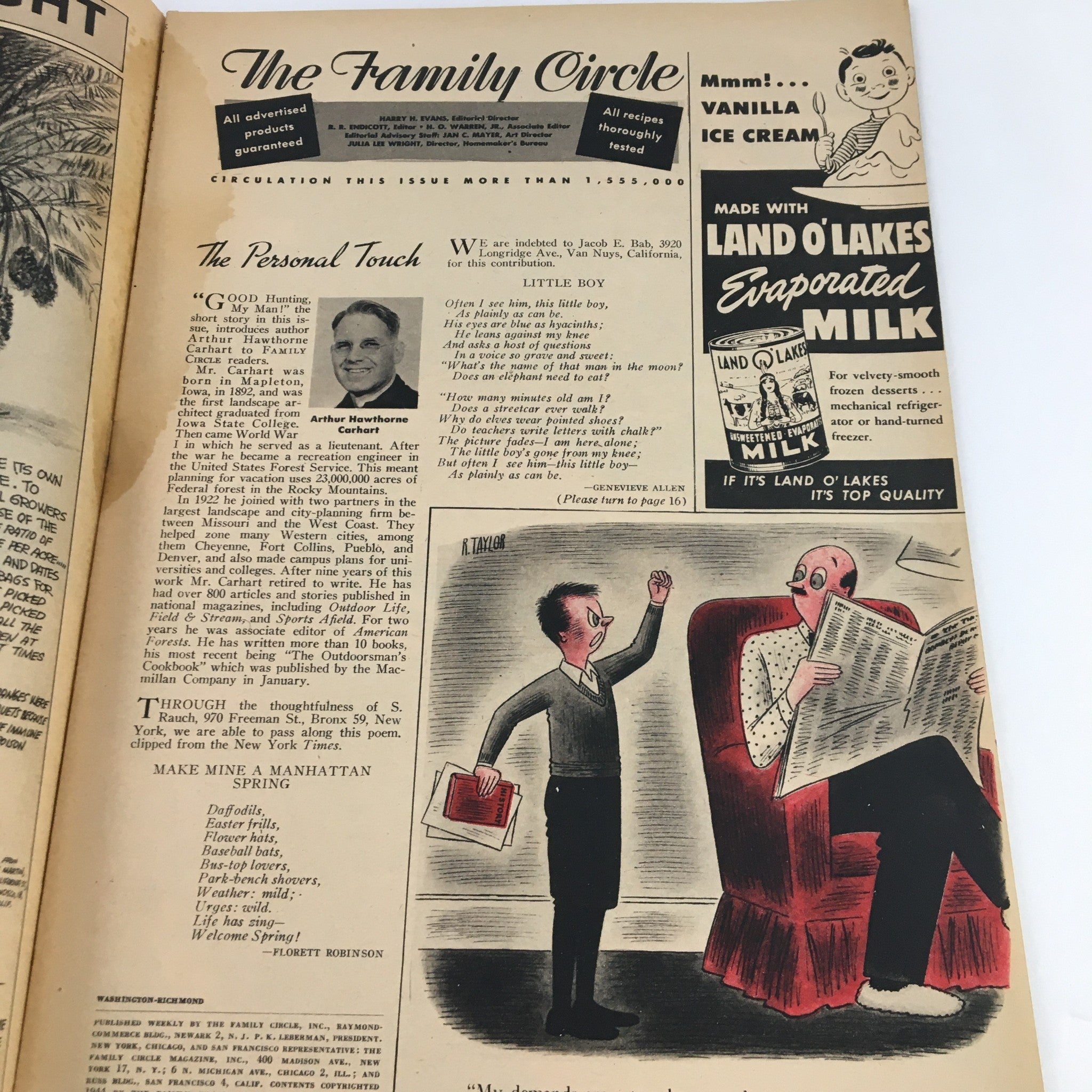 Inside page of The Family Circle Magazine May 19 1944, displaying an article titled 'The Personal Touch' alongside vintage advertisements, reflecting mid-20th century American life.