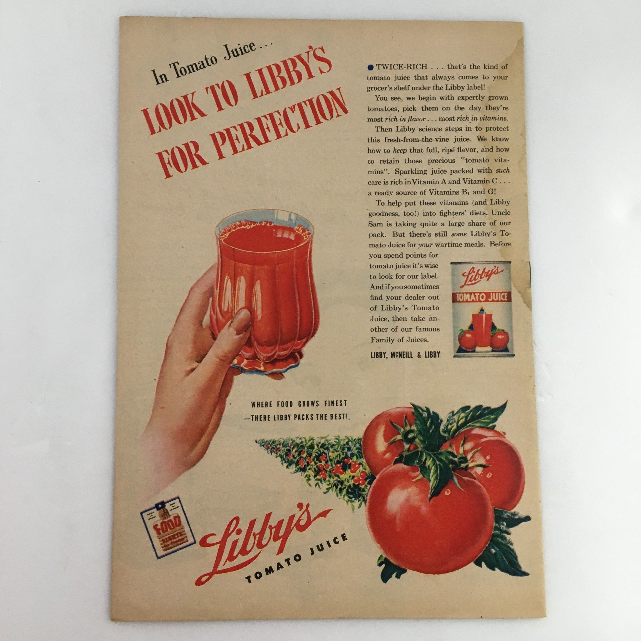Advertisement for Libby's Tomato Juice in The Family Circle Magazine May 19 1944, highlighting vibrant visuals of fresh tomatoes and promoting the product's quality.