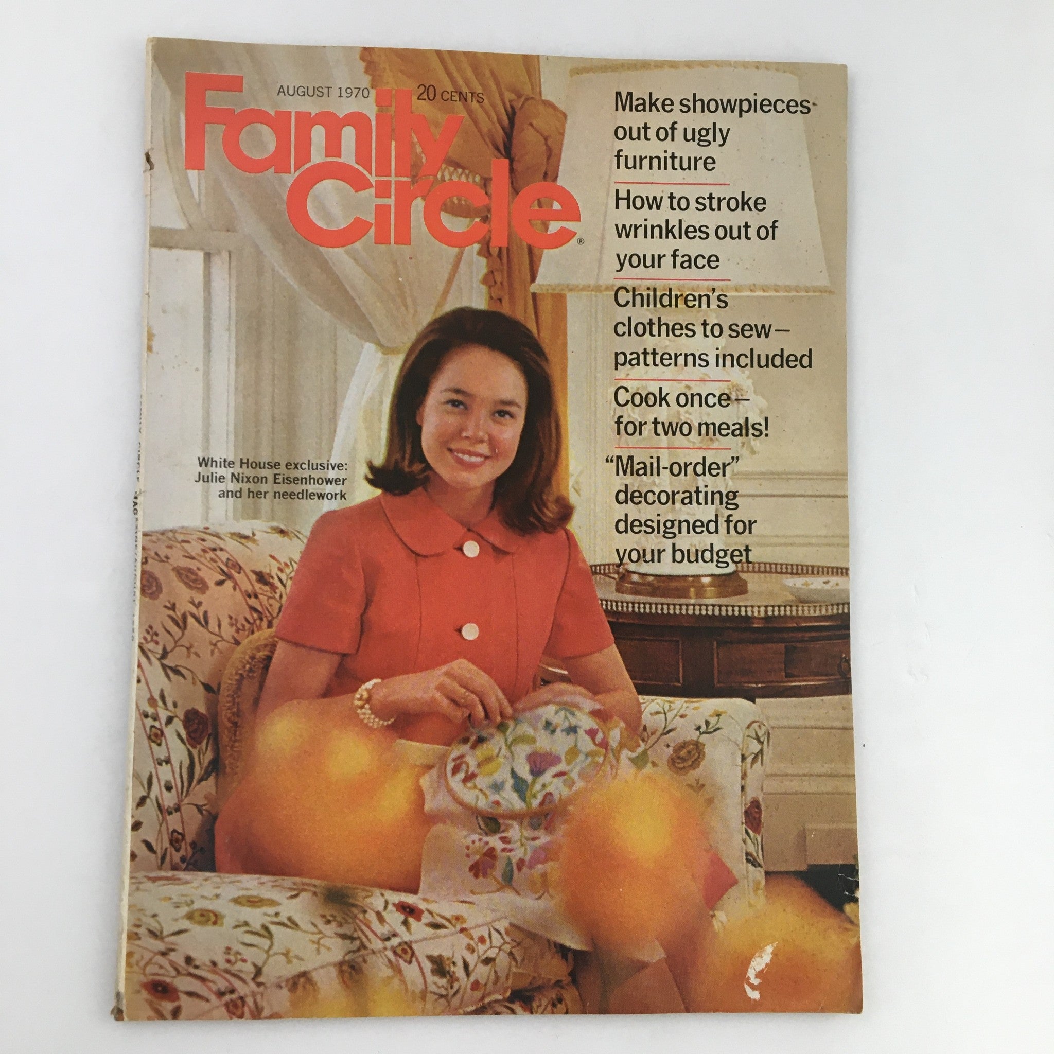August 1970 issue of Family Circle Magazine featuring Julie Nixon Eisenhower, showcasing needlework and vintage home insights. Cover highlights crafts and family activities.