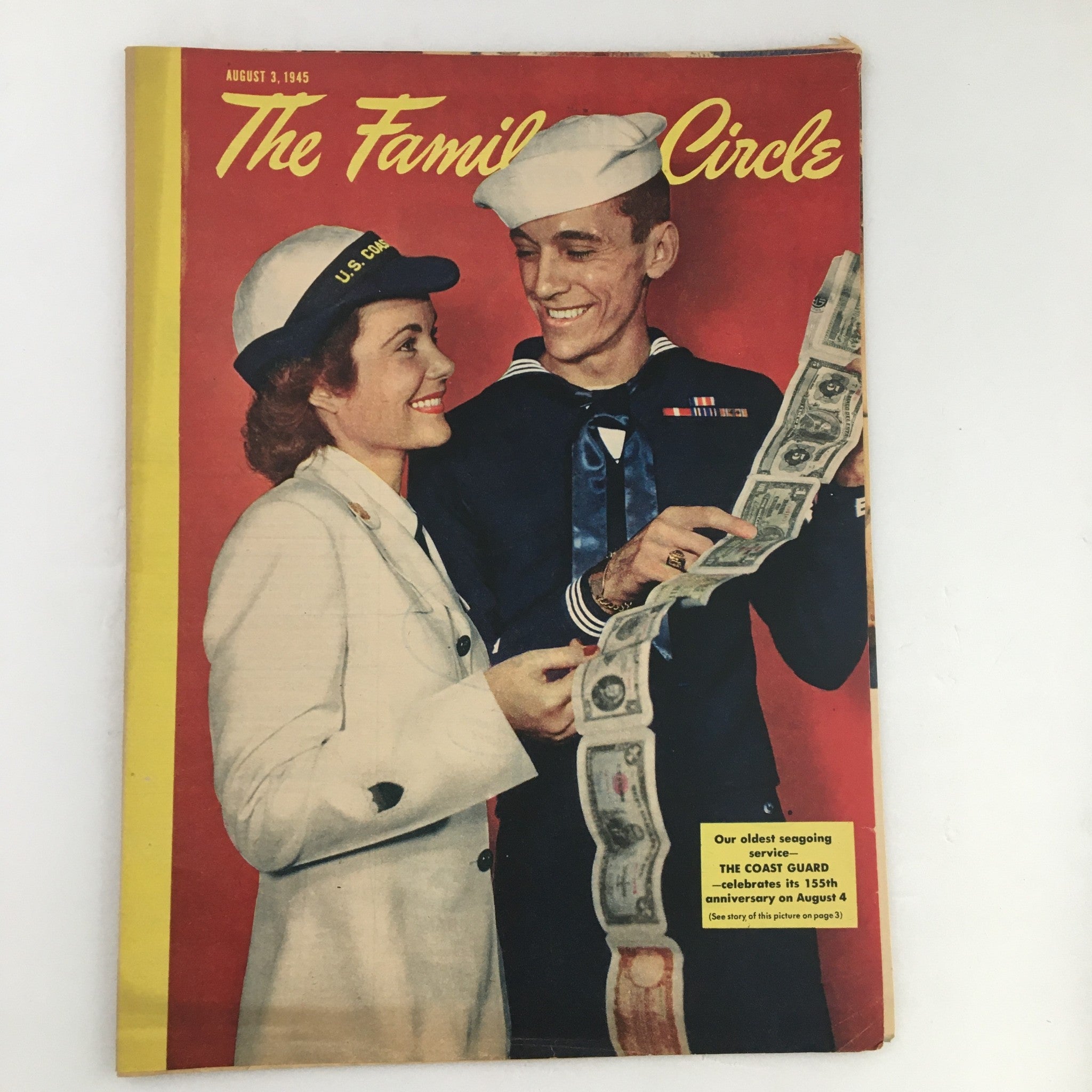 The Family Circle Magazine - August 3, 1945 featuring a U.S. Navy sailor and a woman in a military uniform celebrating the Coast Guard's 155th Anniversary, showcasing vintage design and nostalgic imagery.
