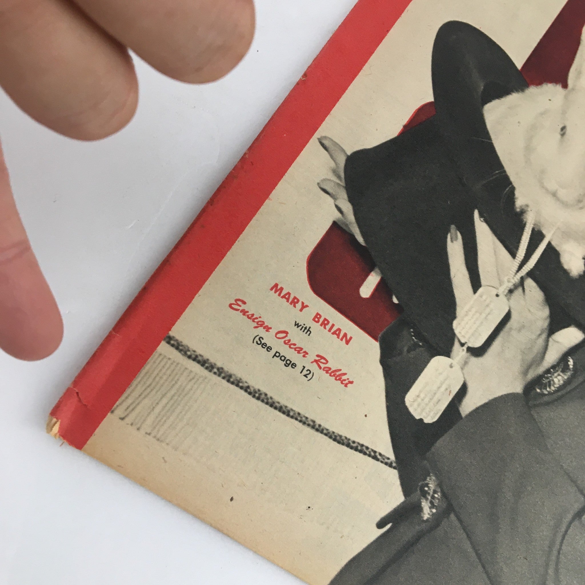 Close-up of The Family Circle Magazine from November 24, 1944, displaying actress Mary Brian with Ensign Rabbit, highlighting cover details and vintage markings.