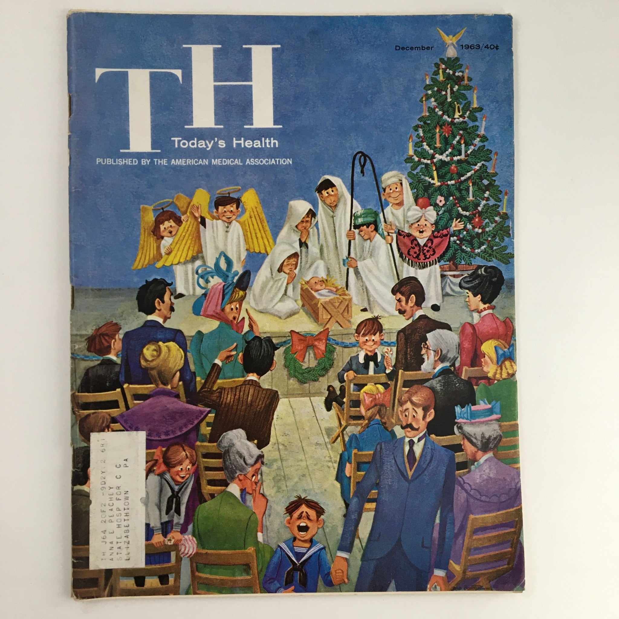 Cover of Today's Health Magazine December 1963 featuring festive holiday illustrations, including Christmas trees, angels, and a joyful gathering, highlighting the story 'Papa's Disappearing Christmas Tree'.