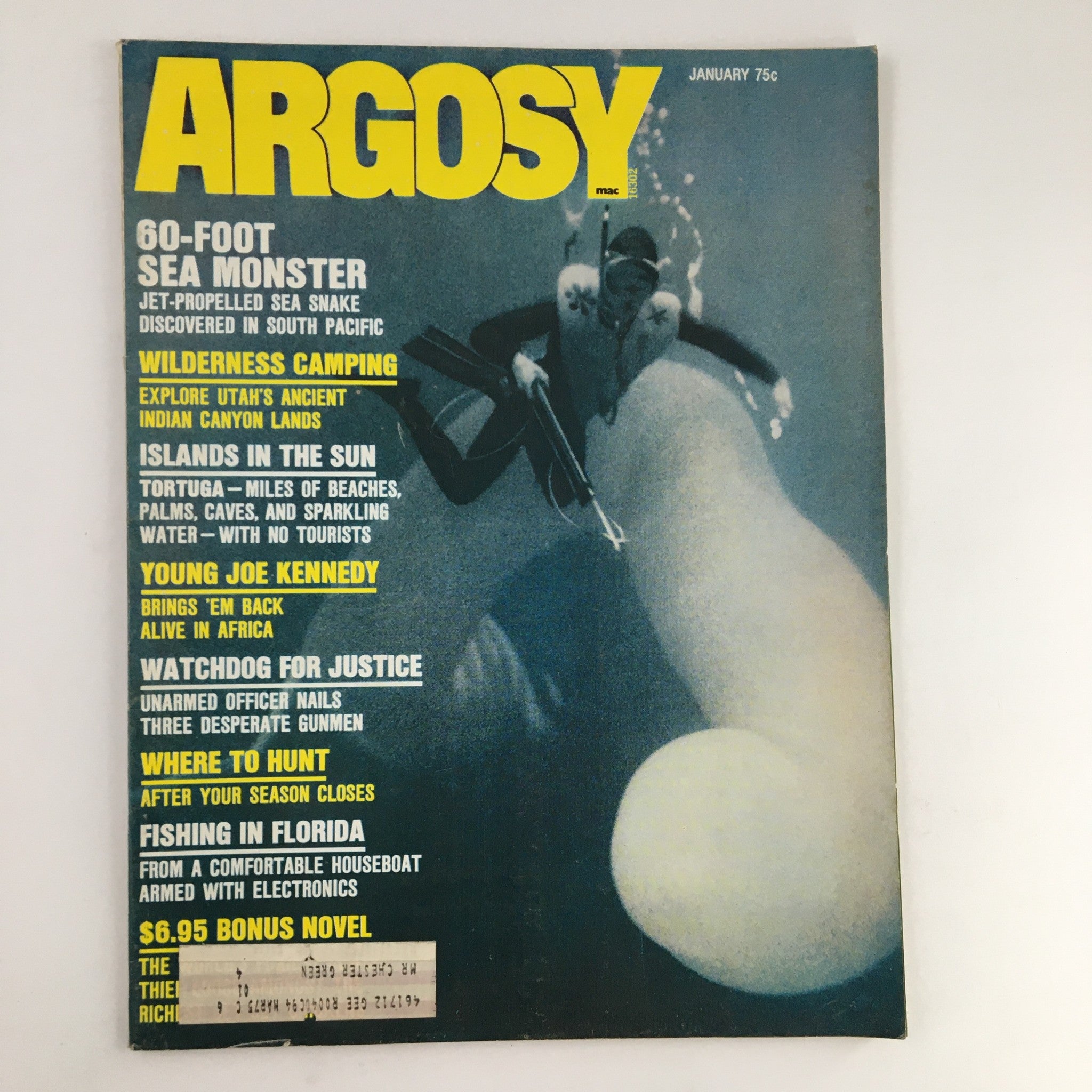 Cover of Argosy Magazine January 1972 featuring a captivating article about a 60-foot jet-propelled sea monster, the Sea Snake, along with other adventurous stories.