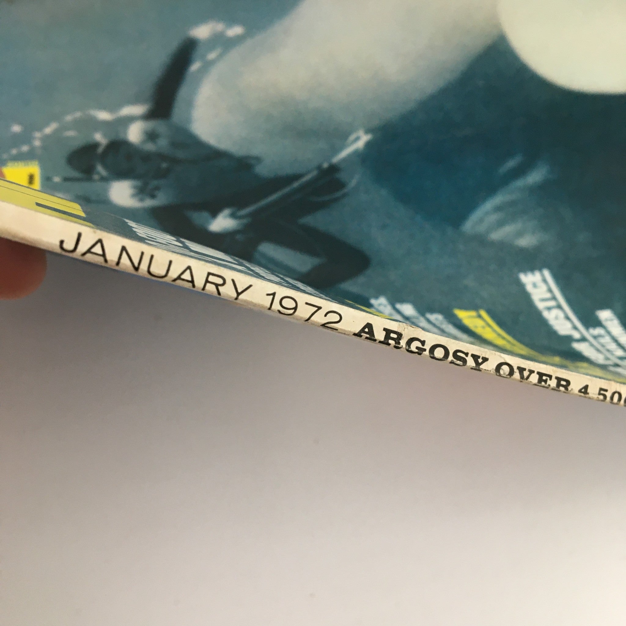 Spine view of Argosy Magazine January 1972 displaying the publication date and highlighting the magazine's historical significance in vintage literature.