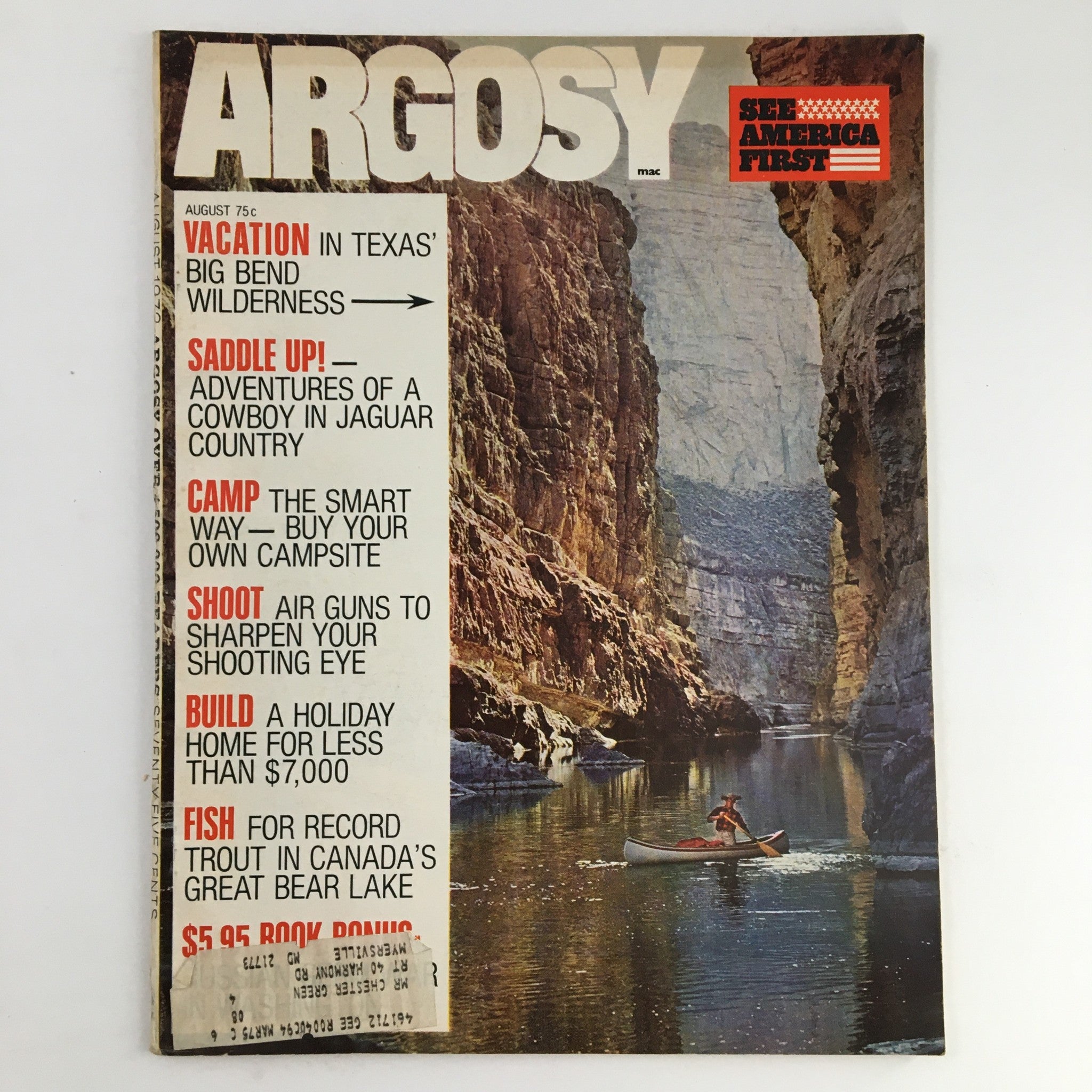 Cover of Argosy Magazine August 1972 featuring an outdoor scene from Big Bend Wilderness, Texas, with a canoe and text highlighting vacation opportunities and adventures.