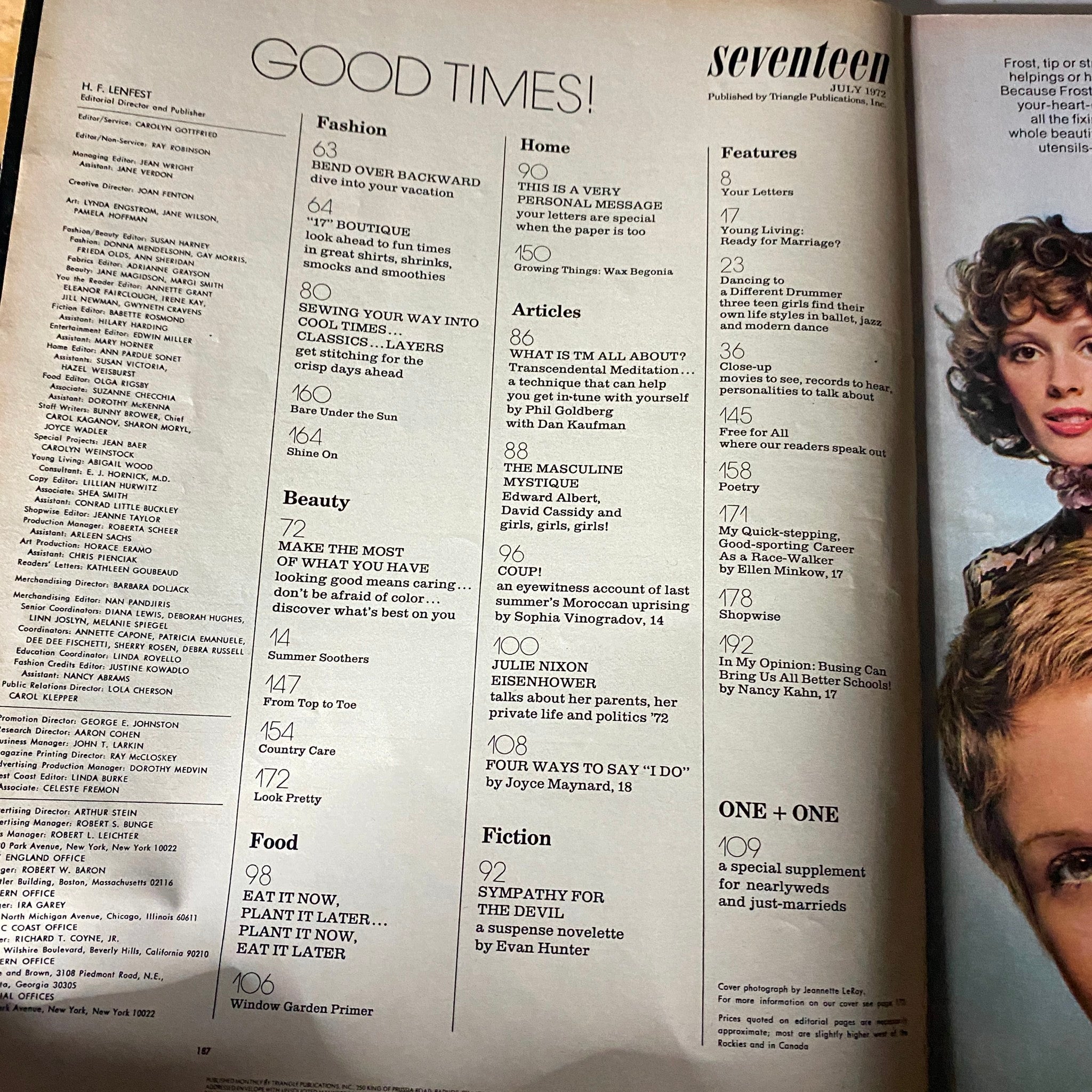 Inside page of VTG Seventeen Magazine July 1972 showcasing the table of contents with sections on fashion, beauty, and exclusive interviews, including a feature on Julie Nixon Eisenhower.