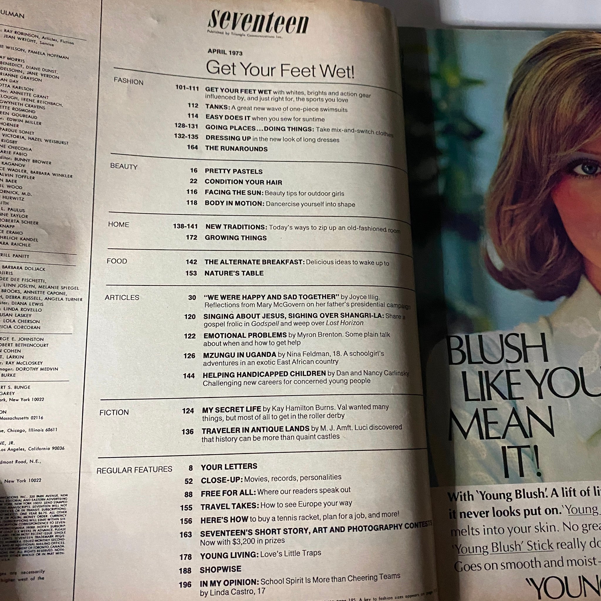 Inside page of VTG Seventeen Magazine April 1973 displaying the table of contents, highlighting various features including the article 'My Two Years in Uganda,' along with sections on fashion, beauty, and food.
