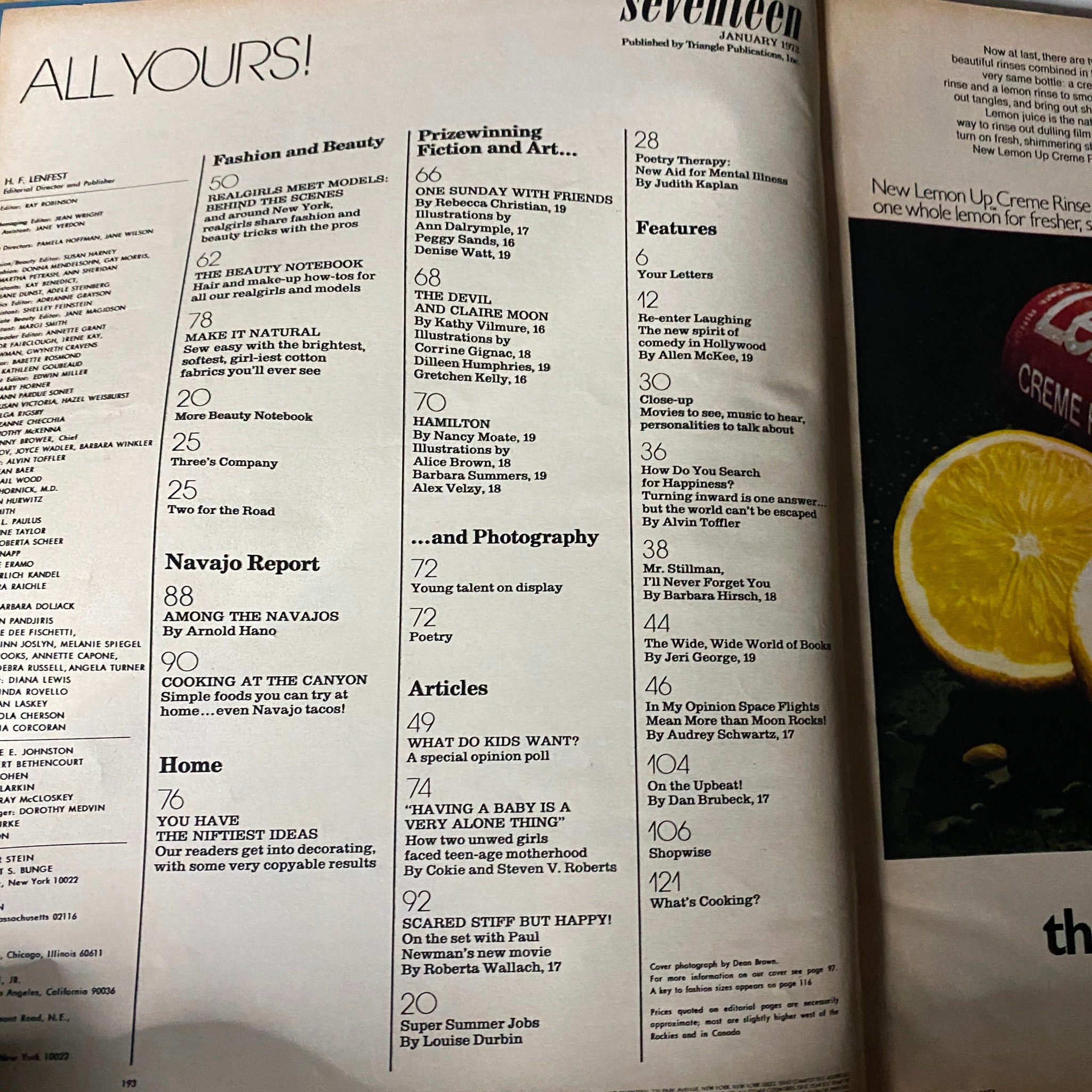 Table of contents page from Seventeen Magazine January 1973, listing articles including 'Navajo Report' and other features.