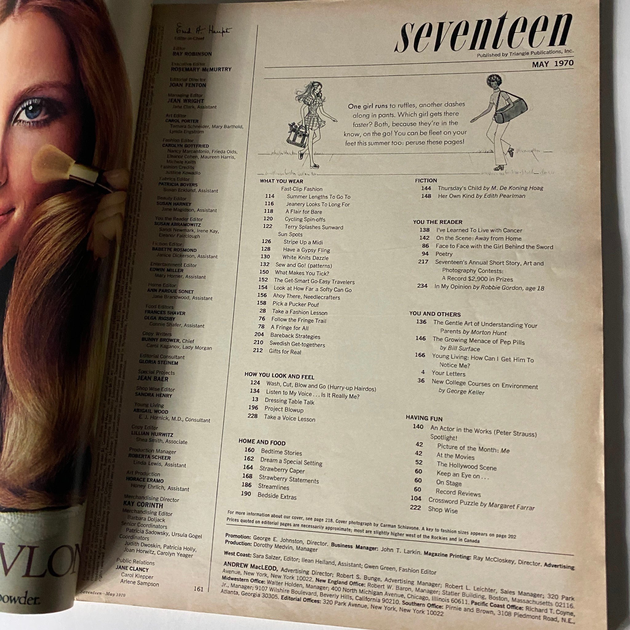 Inside page of VTG Seventeen Magazine May 1970 displaying the table of contents, highlighting the article "The Growing Menace of Pep Pills" among other topics.