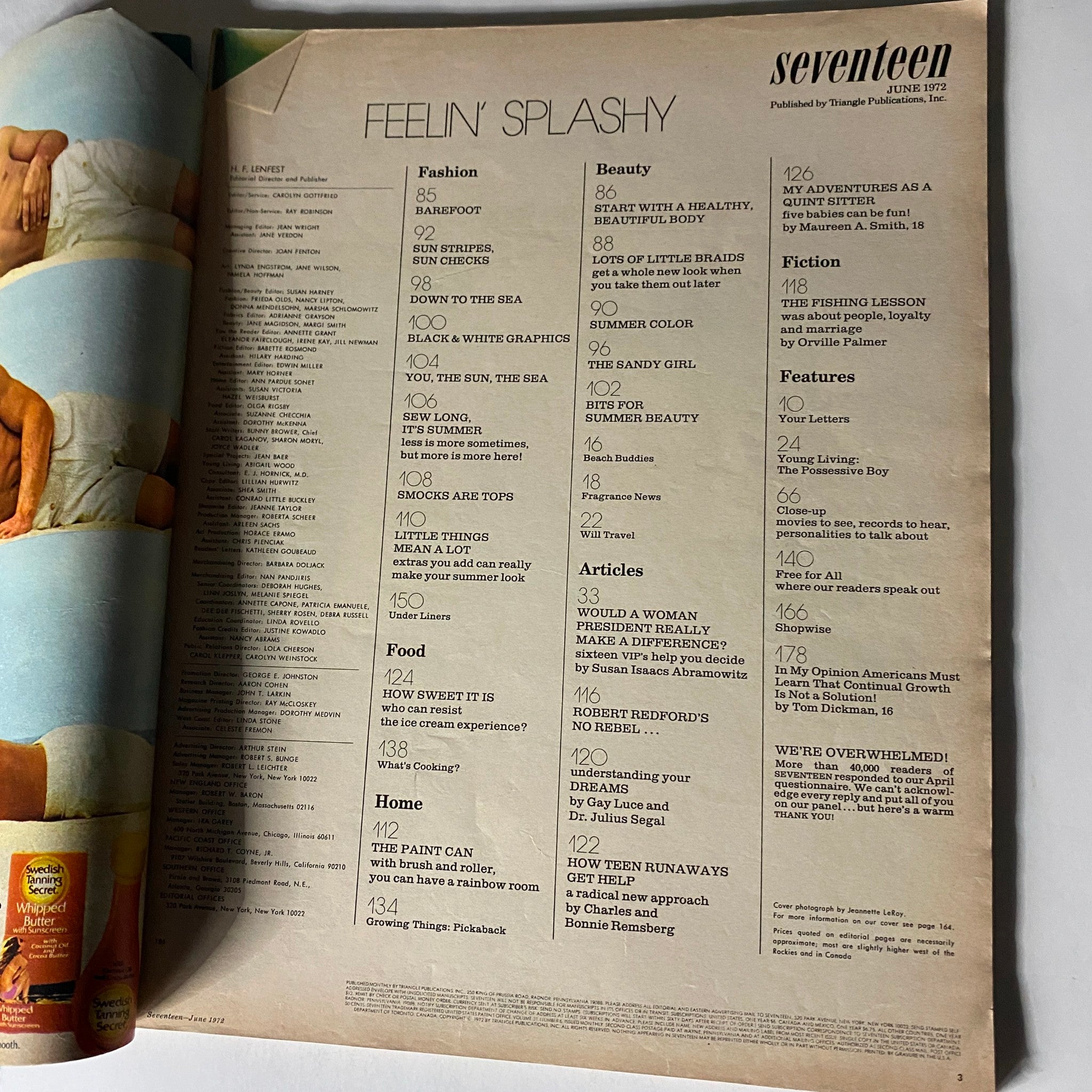 Inside page of Seventeen Magazine June 1972 showcasing the content list with articles on fashion, beauty, and culture, highlighting Robert Redford. Perfect for vintage magazine collectors.