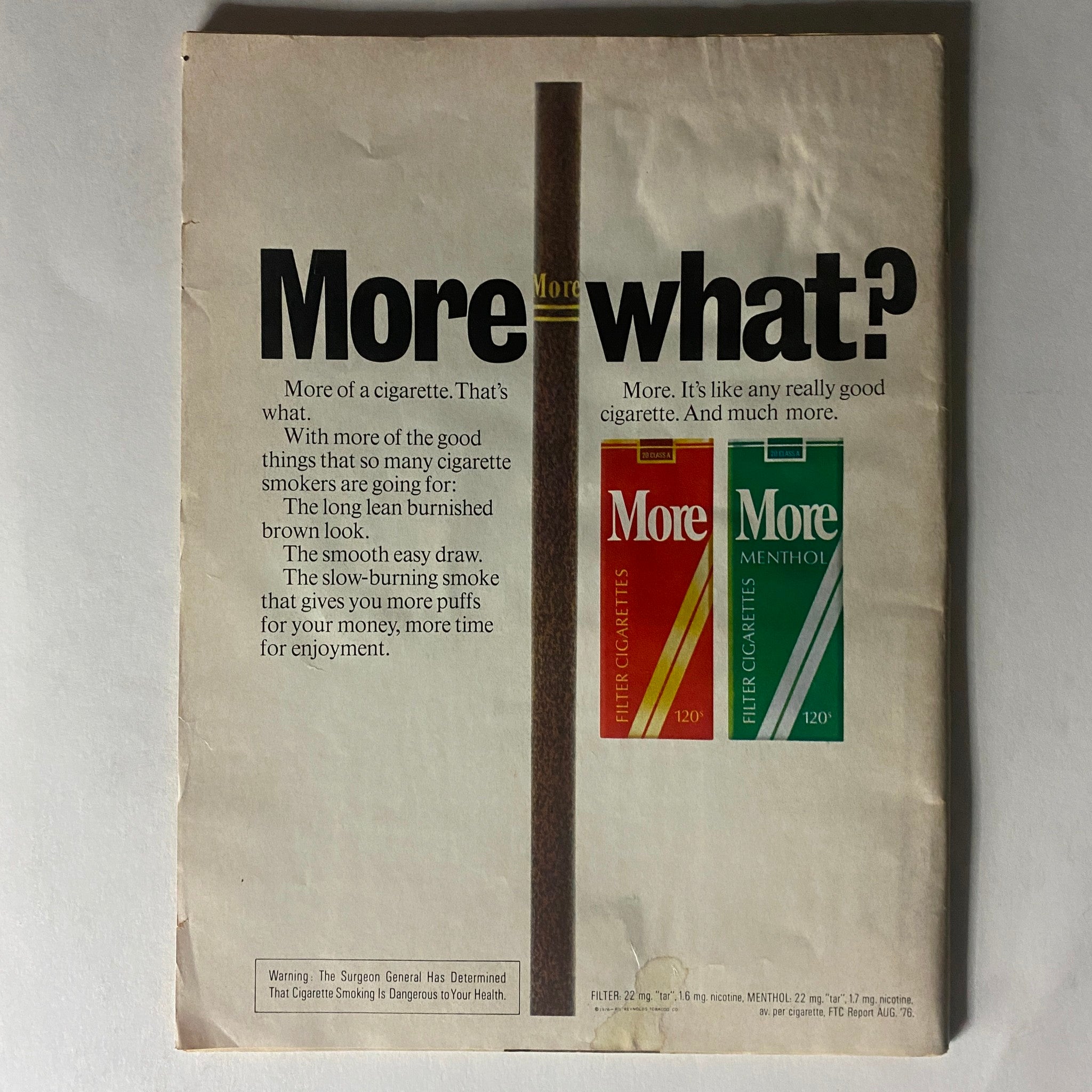Back cover advertisement from VTG People Weekly Magazine February 21, 1977 promoting More cigarettes.