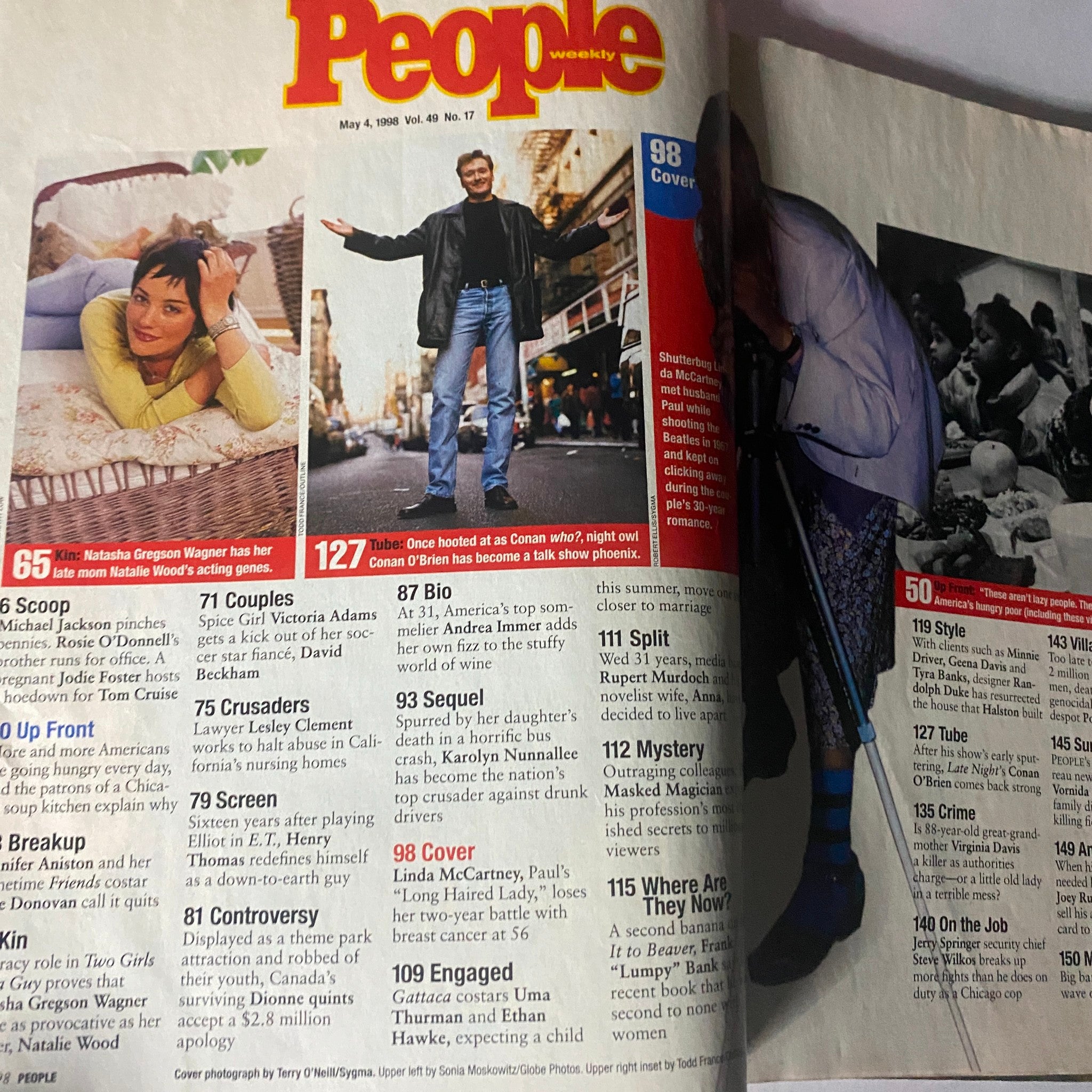 Inside pages of People Weekly Magazine from May 4, 1998, showcasing contents related to Paul and Linda McCartney's feature, along with other pop culture articles.