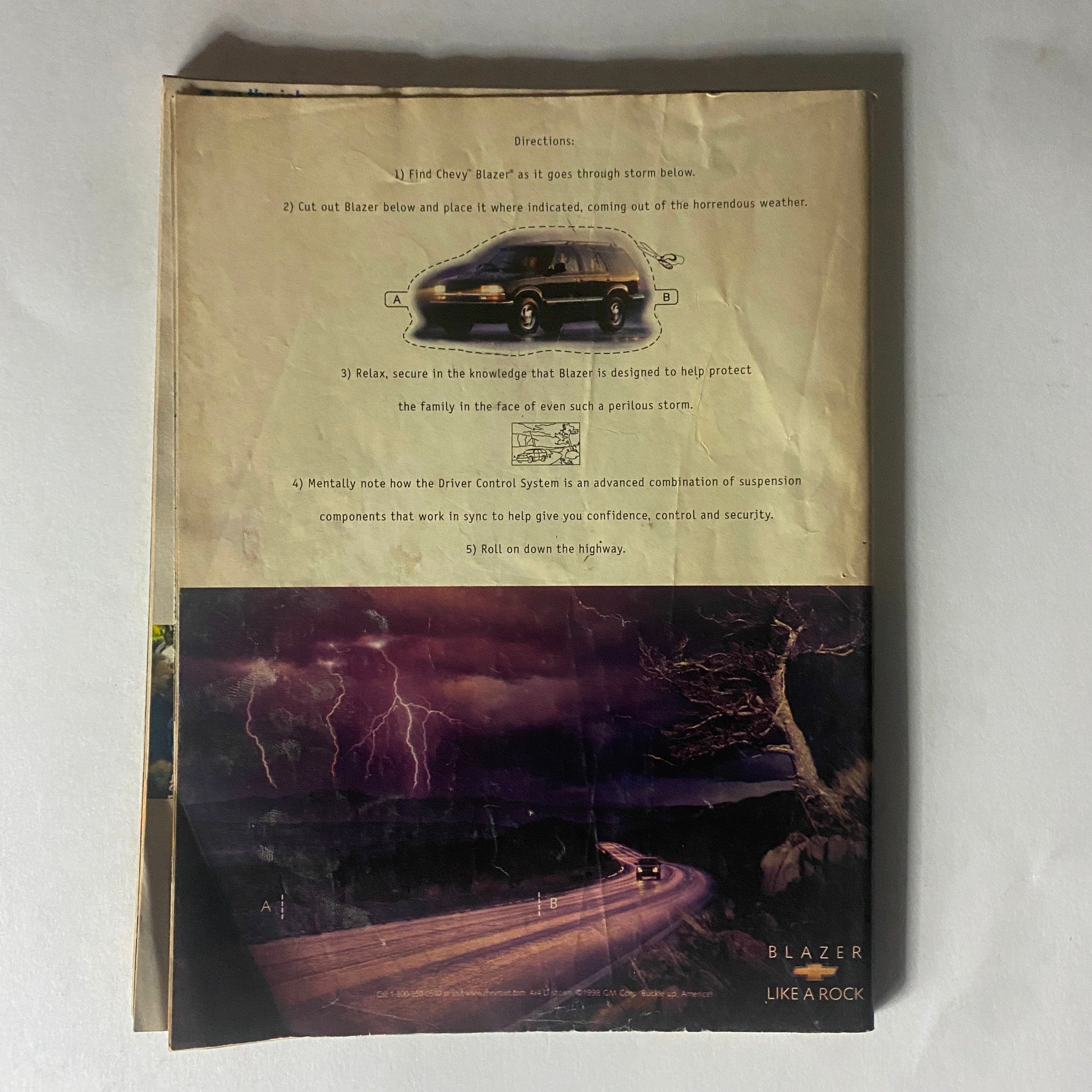 Back cover of People Weekly Magazine, dated May 4, 1998, illustrating an advertisement featuring a Chevy Blazer amidst a stormy backdrop.