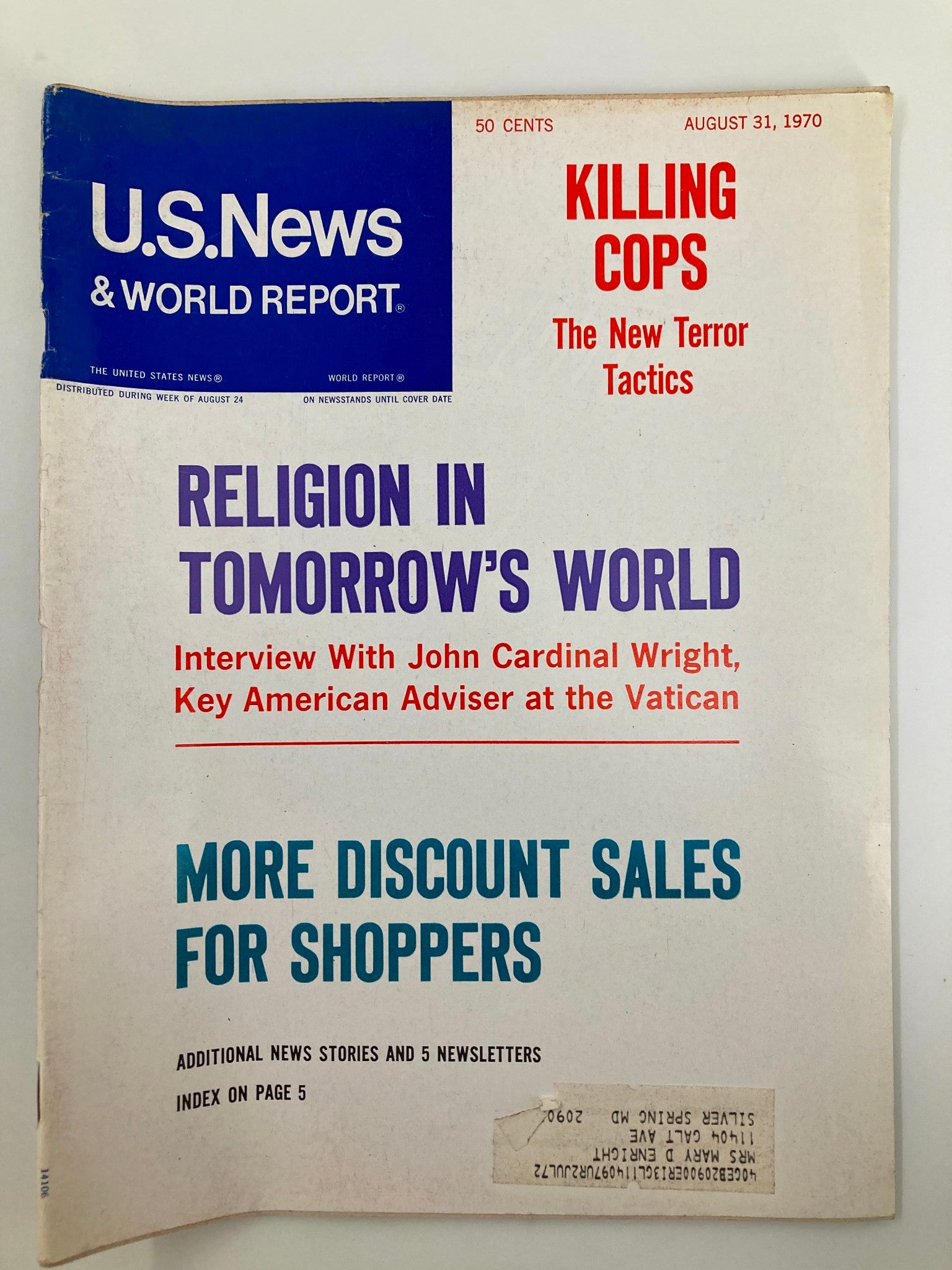 Cover of US News & World Report Magazine from August 31, 1970, featuring the title 'Religion in Tomorrow's World' and an article about John Cardinal Wright. The magazine discusses cultural and religious dynamics of the 1970s.
