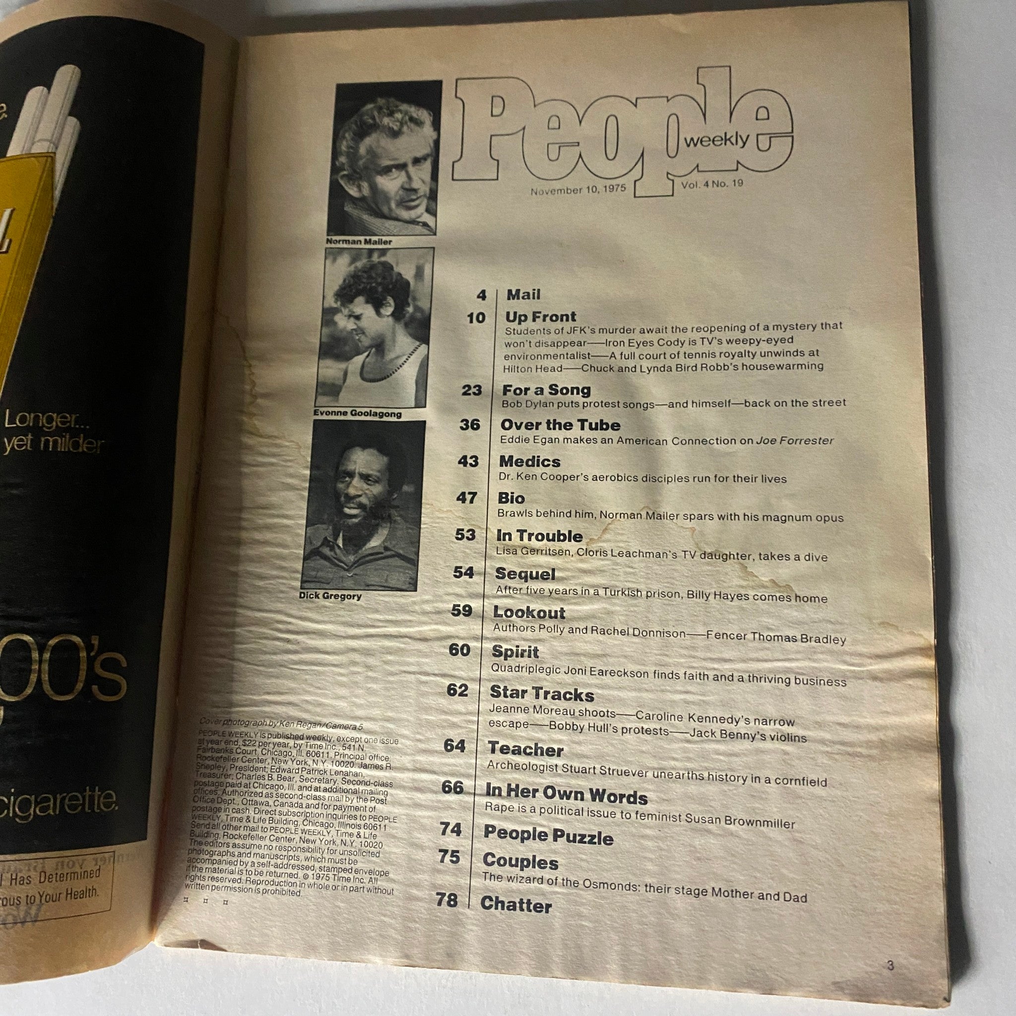 Table of contents for the VTG People Weekly Magazine November 10 1975. Lists articles including Bob Dylan and Dick Gregory, showcasing the publication's reach into 1970s culture.