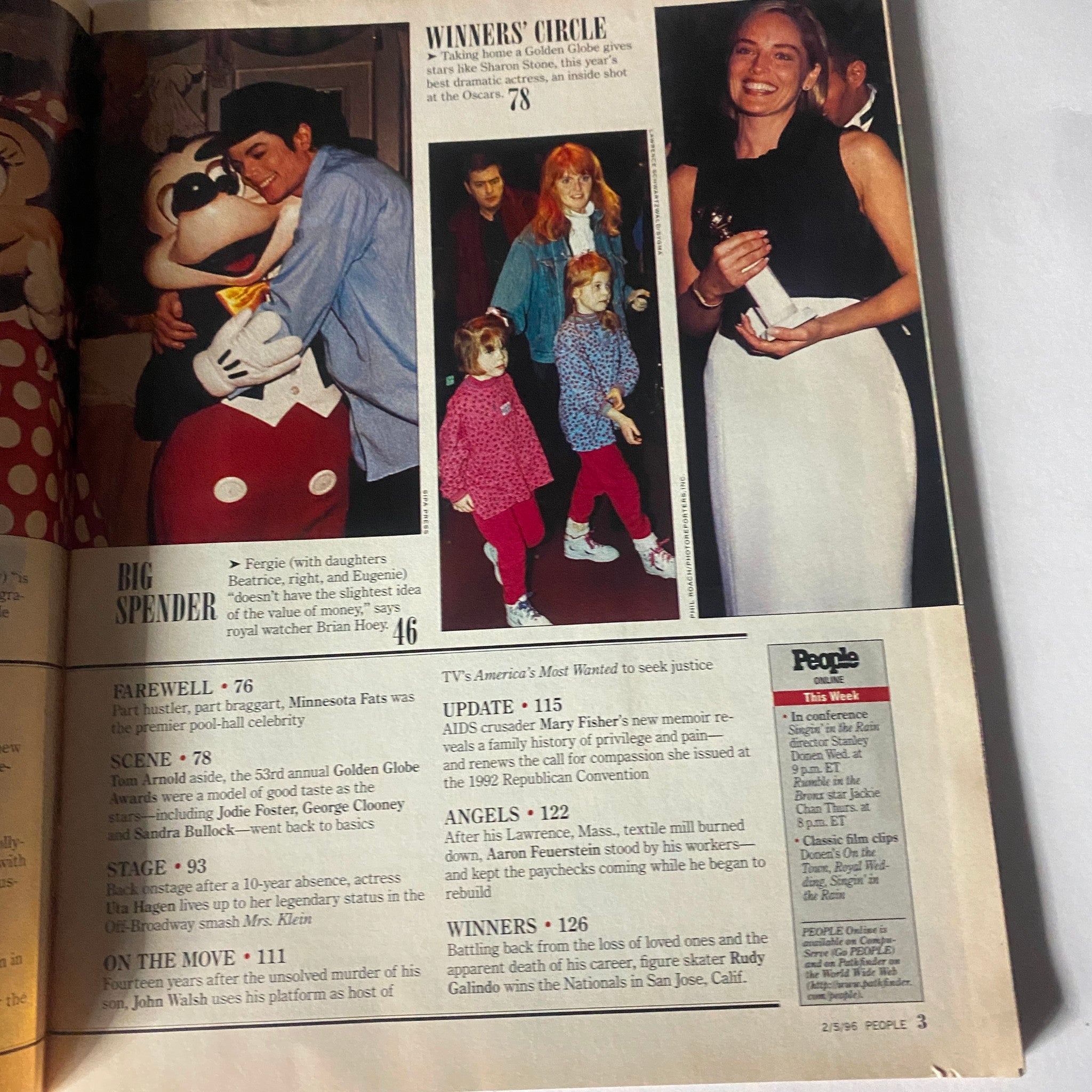 People Weekly Magazine February 5 1996 interior page featuring a section titled 'Winners' Circle', showcasing celebrity news, including a tribute to Michael Jackson with Mickey Mouse, along with highlights of the Golden Globe Awards