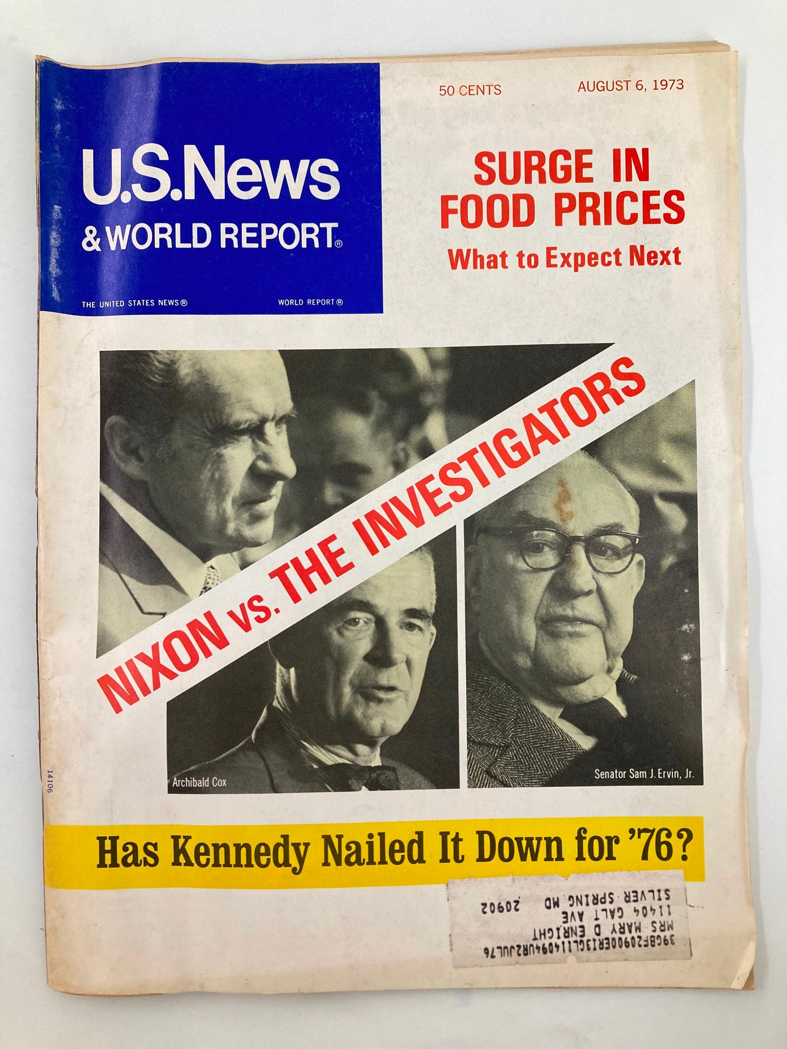 Cover of US News & World Report Magazine August 6, 1973, featuring the headline 'Nixon vs The Investigators' alongside images of Richard Nixon and Senator Sam J. Ervin, Jr.