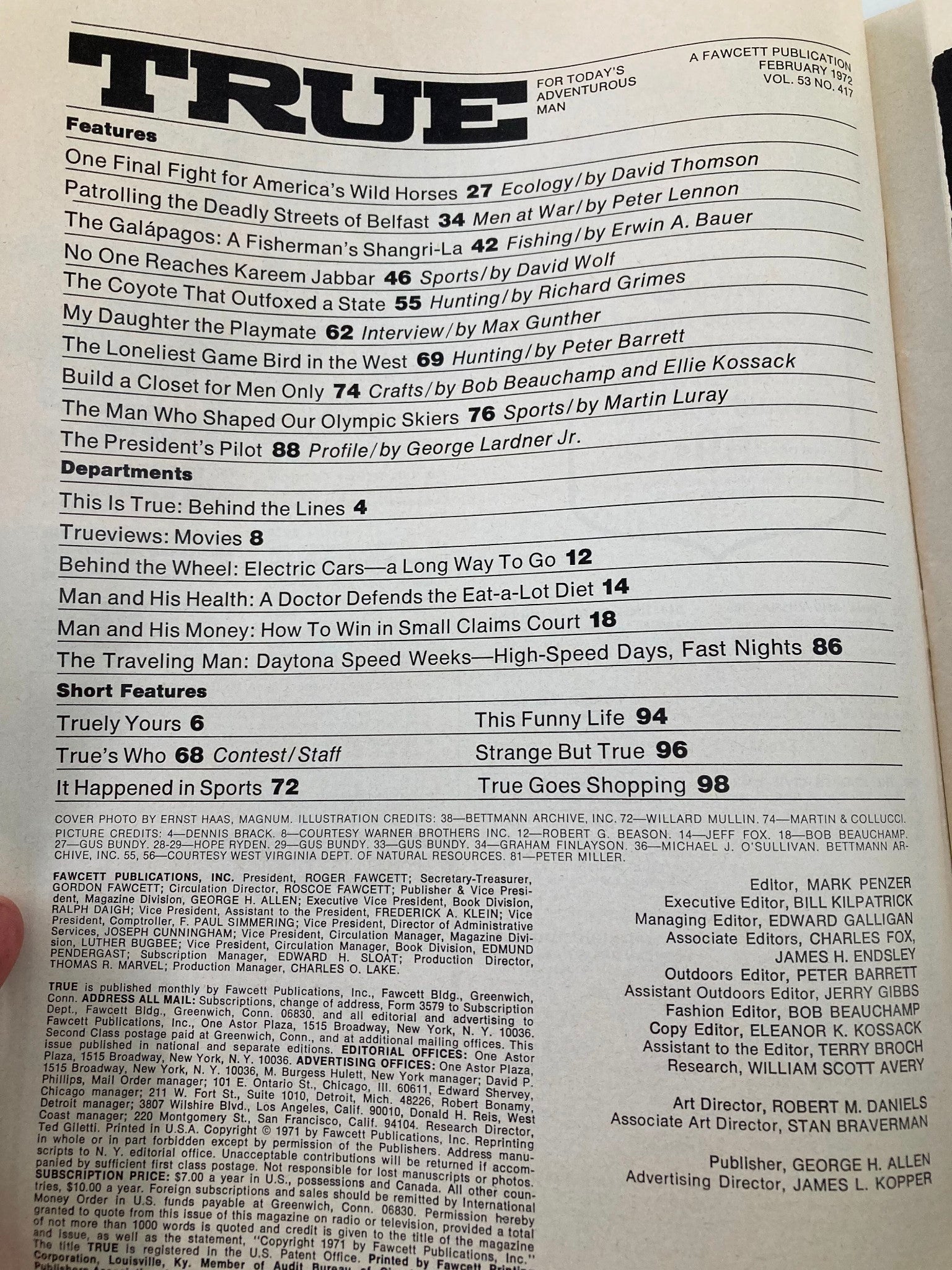 Interior page of TRUE Magazine February 1972 featuring articles on wildlife conservation and wild mustangs. The title reads 'Last Chance To Save Our Wild Mustangs', highlighting the urgency of protecting these animals. Includes various topics like electric cars and health.