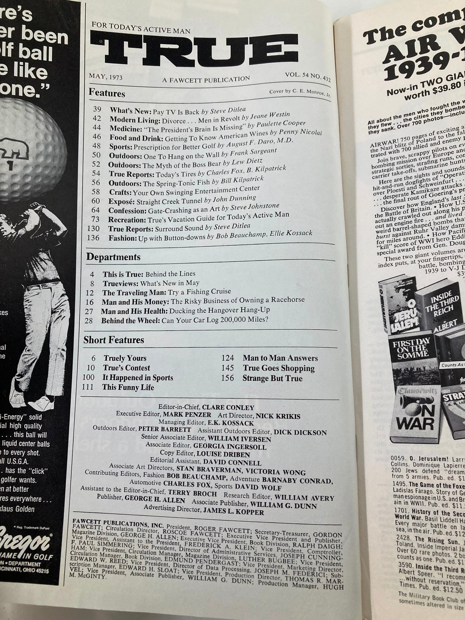 Inside pages of TRUE The Man's Magazine May 1973 displaying the table of contents, highlighting features including fishing tips and articles on outdoor life, reflecting the interests of the 1970s for men’s recreational activities.