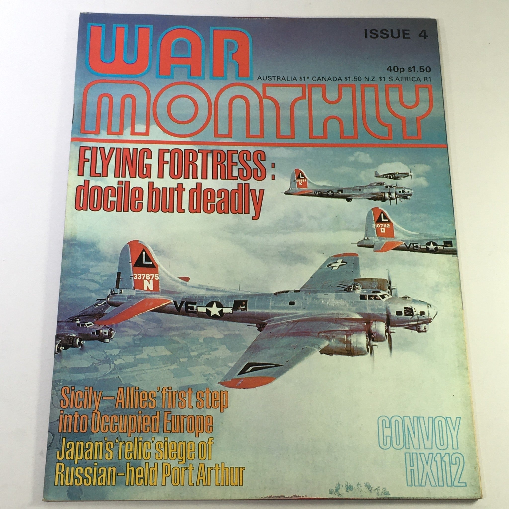 VTG War Monthly Magazine Issue 4 July 1974 featuring a vivid cover with Flying Fortress aircraft and headlines about Convoy HX112 and historical military events.