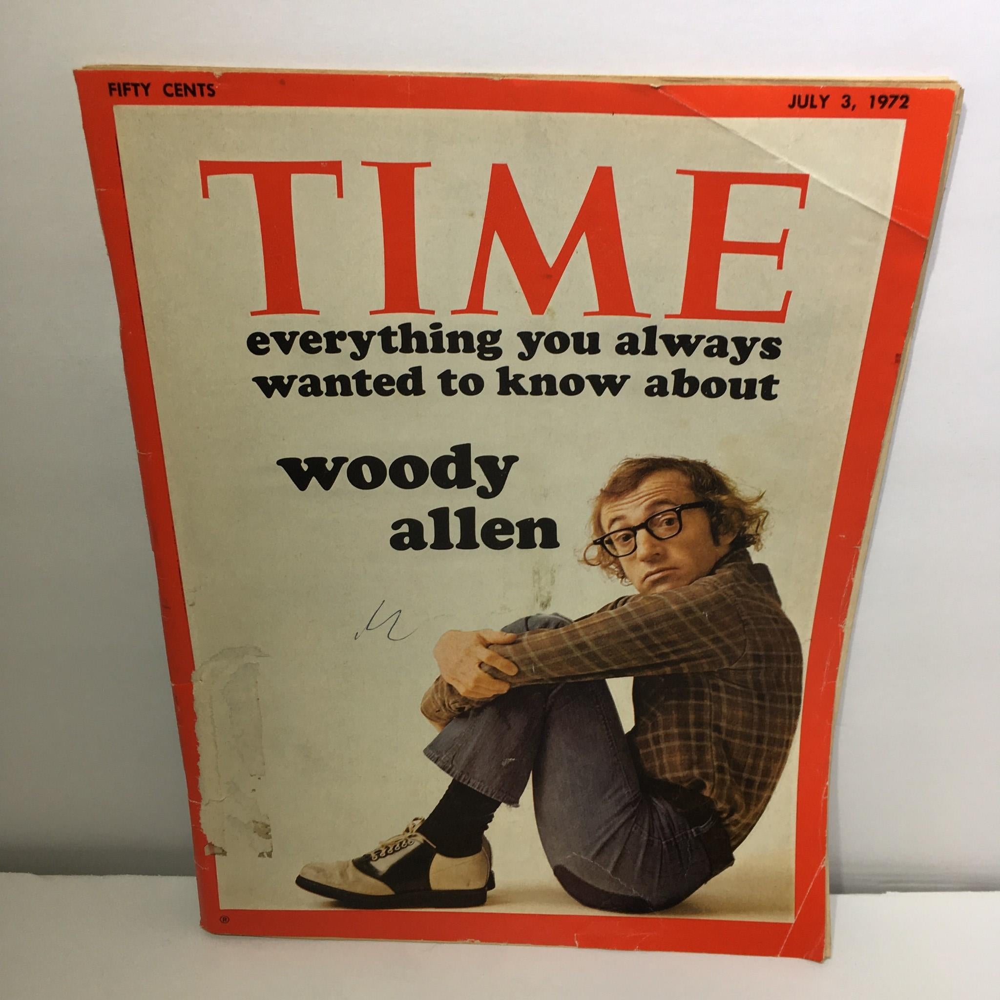 Vintage Time Magazine from July 3, 1972 featuring the cover story 'Everything You Always Wanted to Know About Woody Allen' with an iconic image of Woody Allen seated thoughtfully.