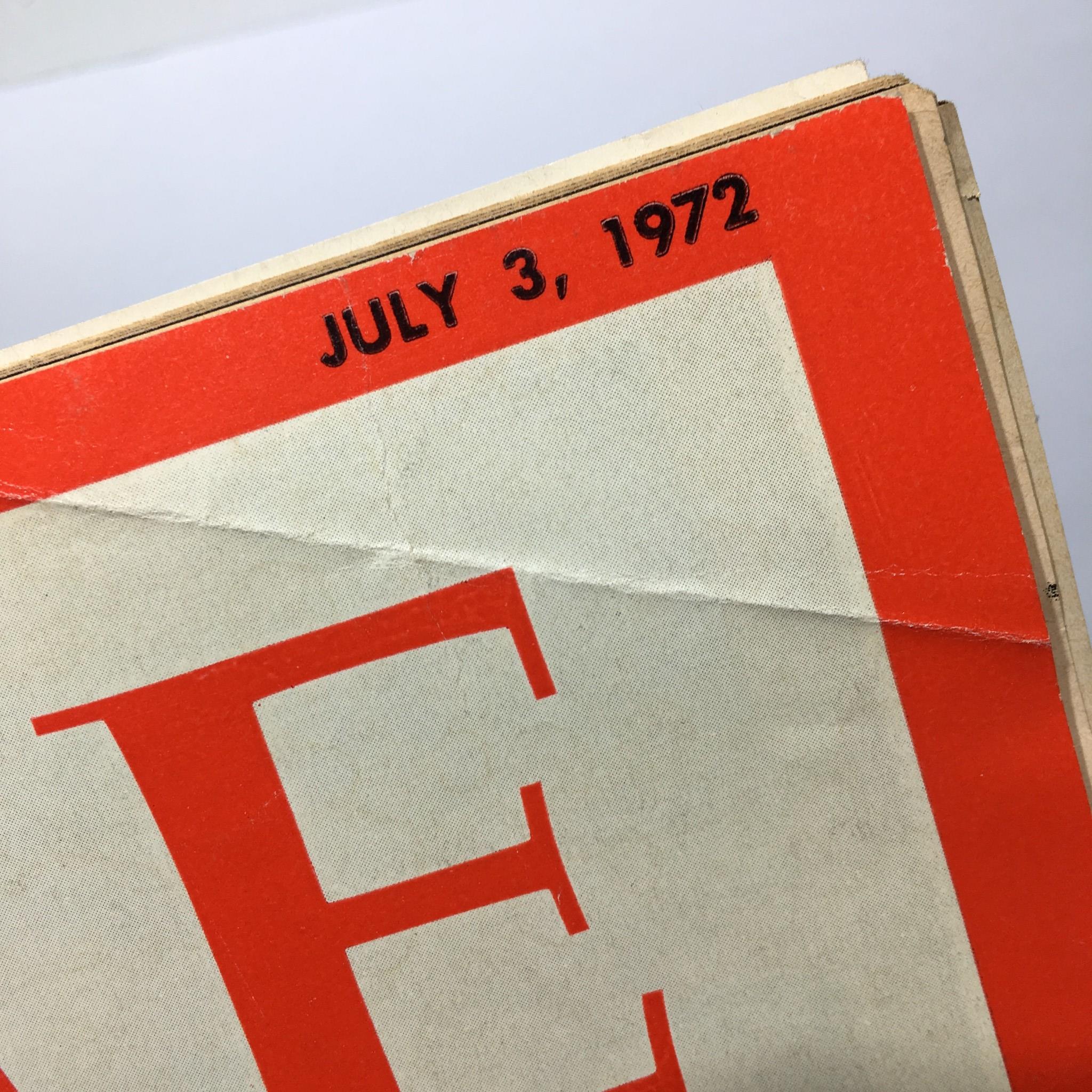 Close-up of the upper corner of the July 3, 1972 issue of Time Magazine, featuring the date prominently displayed along with the title 'Everything You Always Wanted to Know About Woody Allen'.