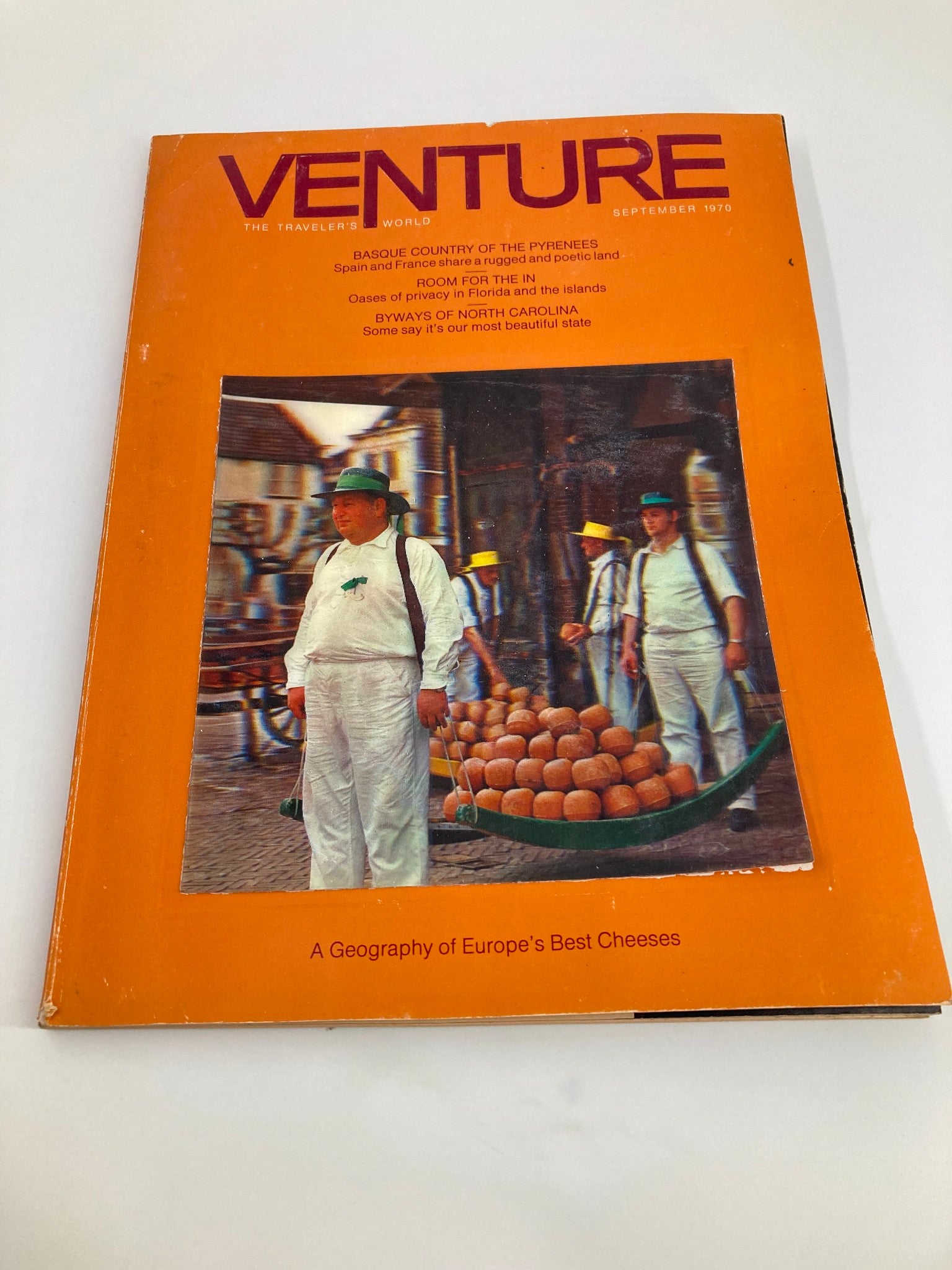 Cover of VTG Venture Magazine September 1970 featuring the title 'A Geography of Europe's Best Cheeses' with vibrant orange background and detailed imagery related to European cheese culture.