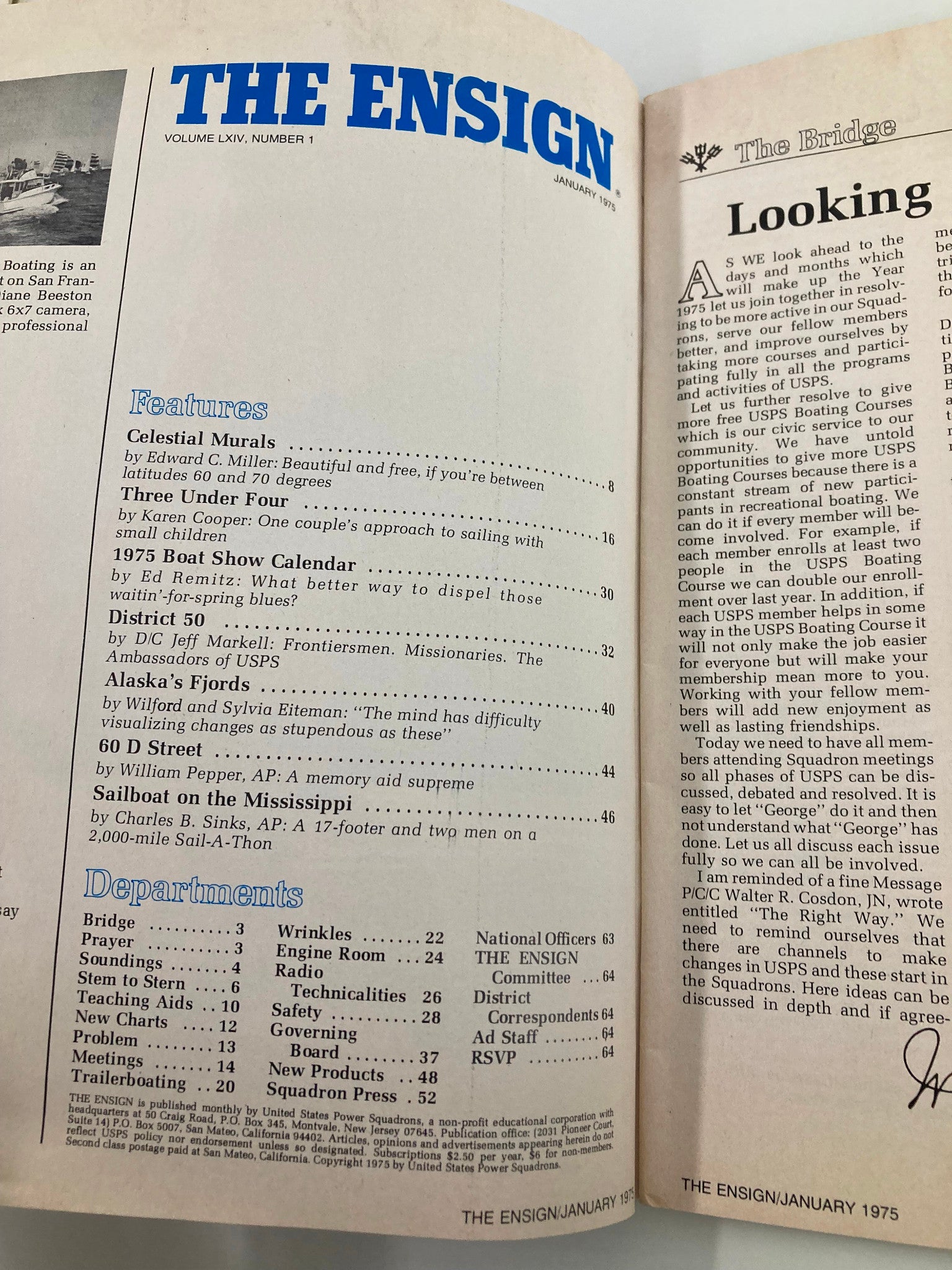 Interior pages of VTG The Ensign Magazine January 1975 showcasing the table of contents and article highlights about sailing features, including Alaska's fjords and the Mississippi River.