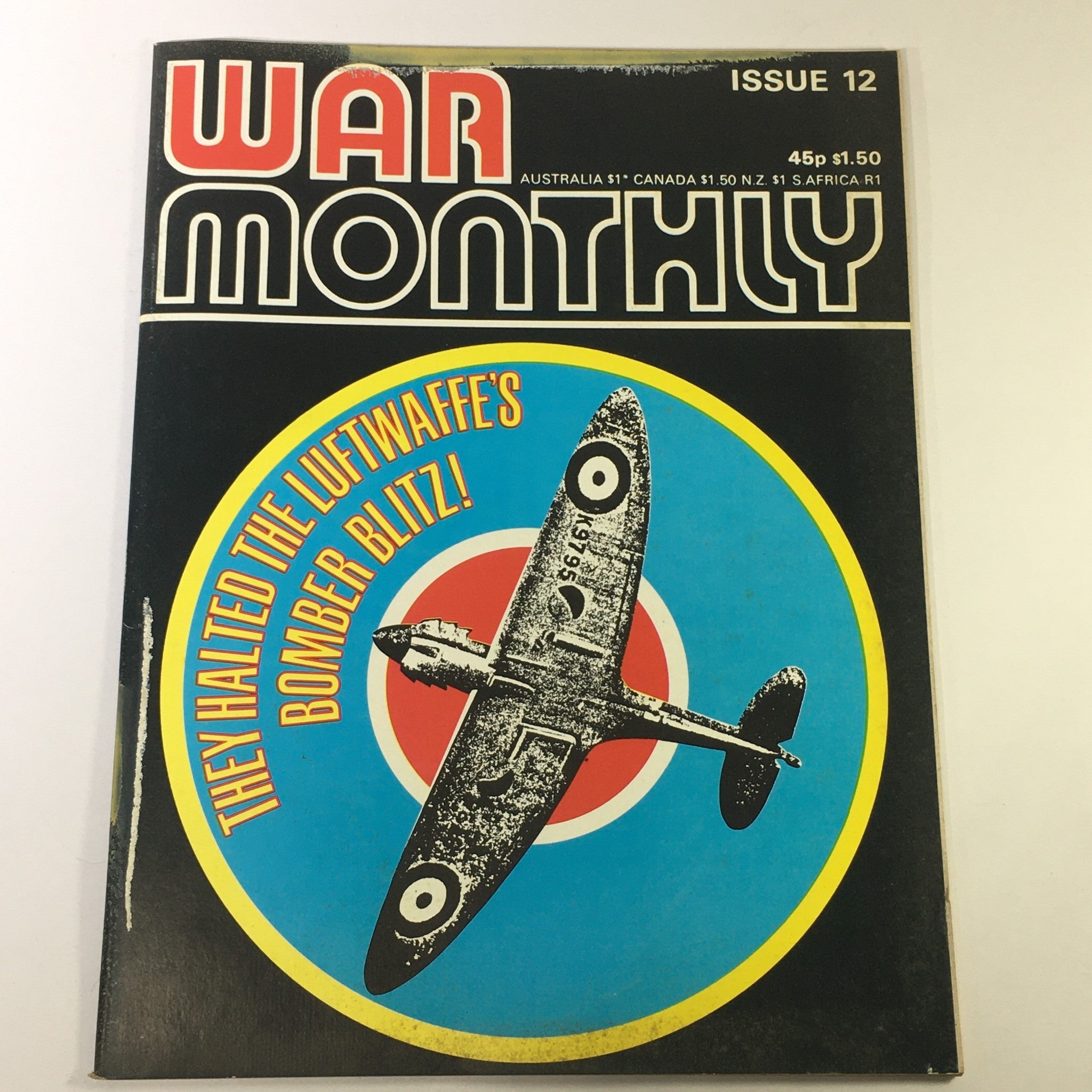 Cover of VTG War Monthly Magazine Issue 12 from March 1975, featuring a vintage aircraft with the headline about halting the Luftwaffe's bomber blitz, alongside details of the publication.