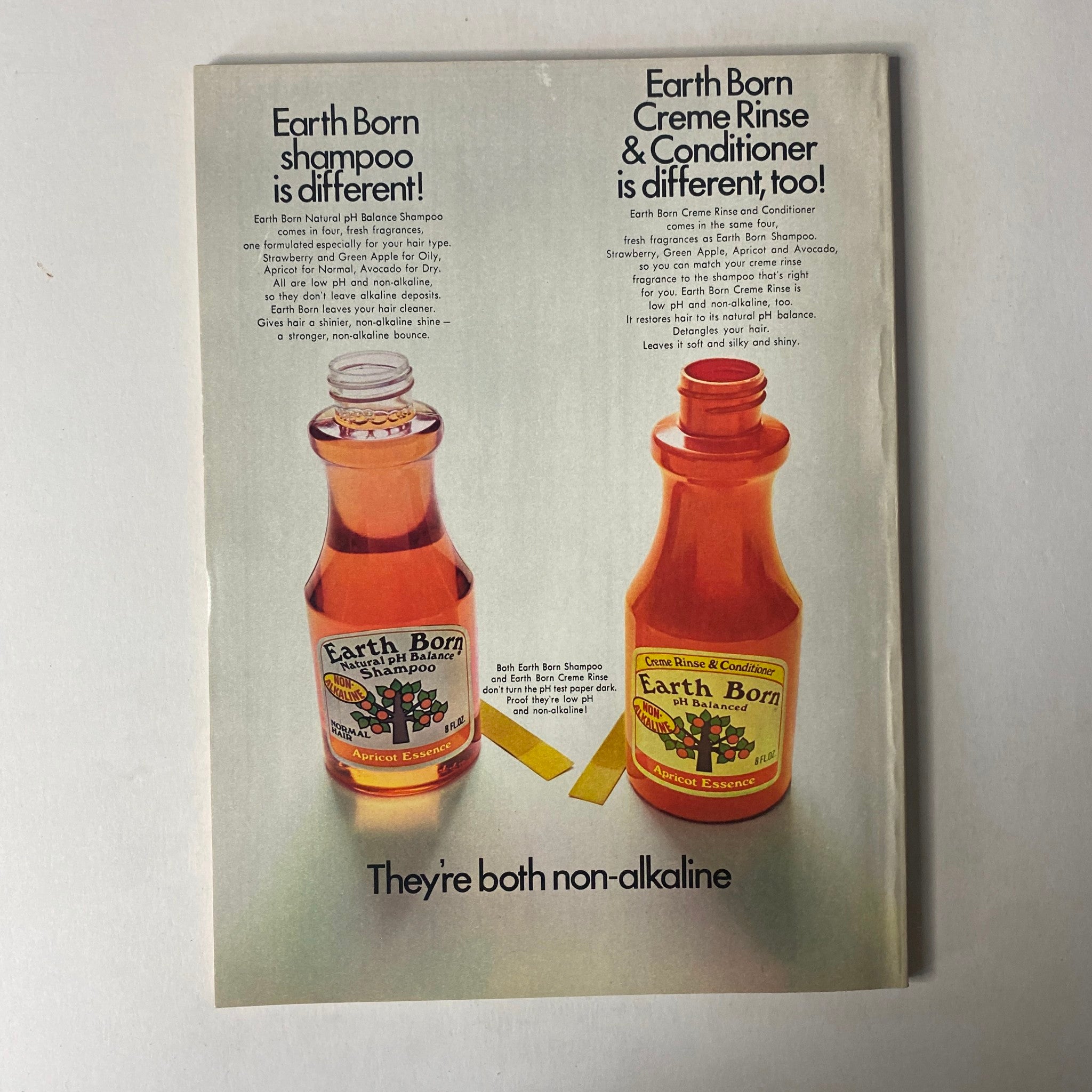 Advertisement for Earth Born shampoo and conditioner in Seventeen Magazine, February 1976; promotes non-alkaline hair products.