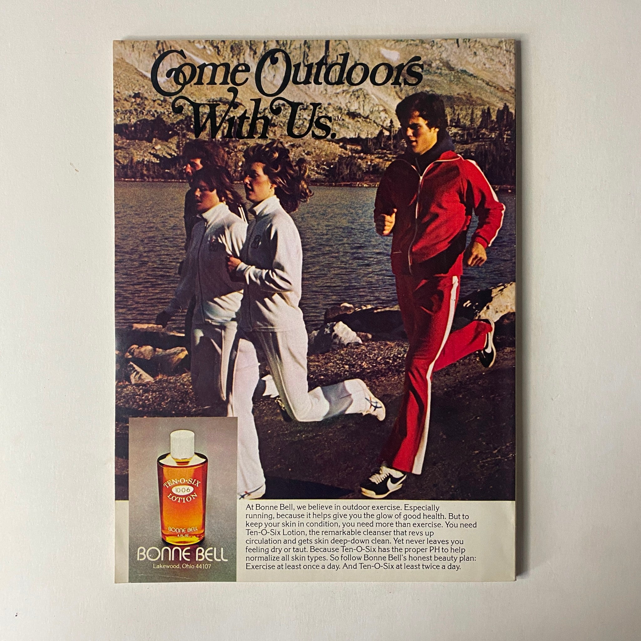 Vintage advertisement from Seventeen Magazine January 1976 titled 'Come Outdoors With Us', featuring three young adults exercising by a lake, promoting outdoor physical activity and Bonne Bell products.