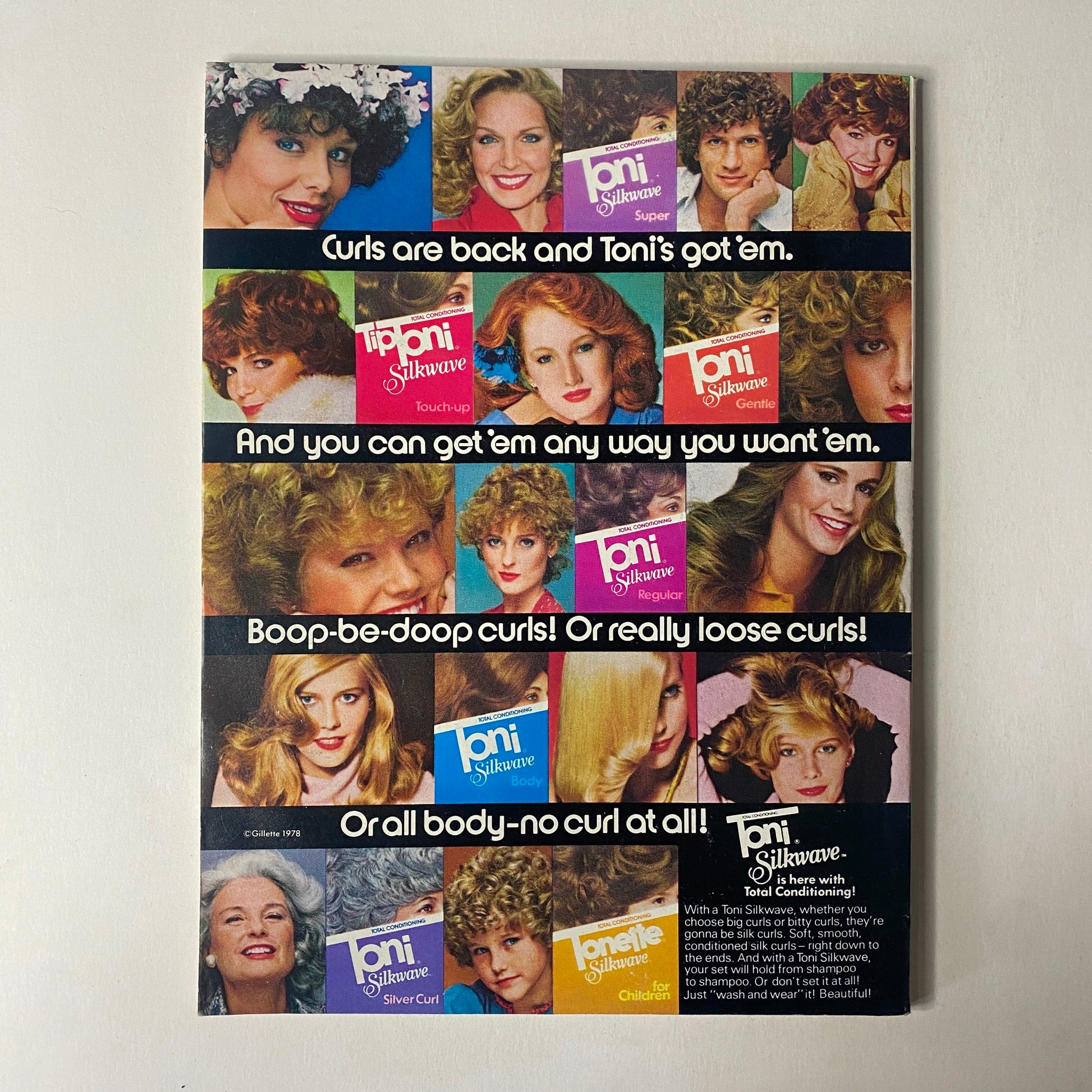 Back cover of Seventeen Magazine February 1979 featuring an advertisement for Toni hair products, showcasing various hairstyles with curly options. Promotes the return of curls in beauty trends.