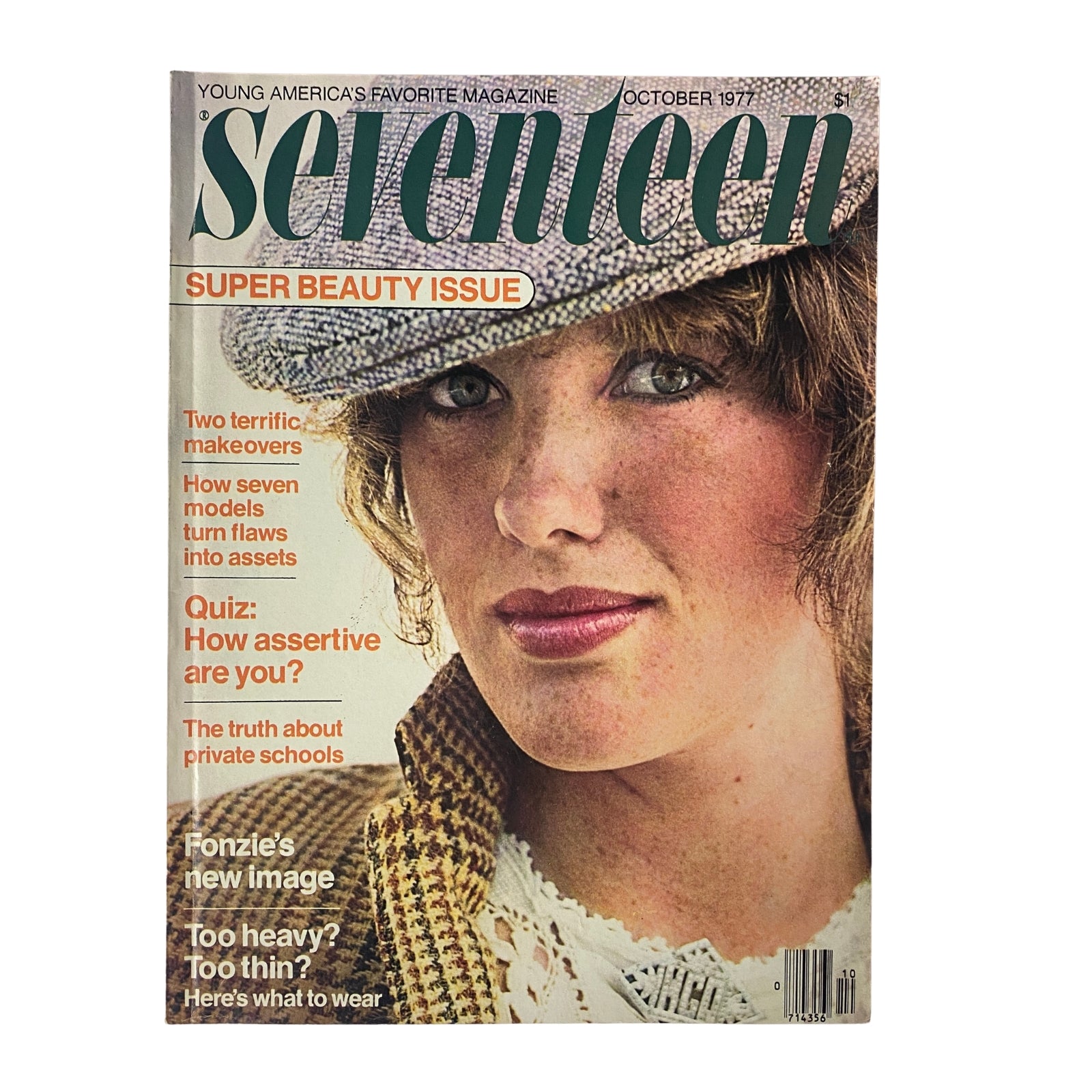 Cover of Seventeen Magazine October 1977 Super Beauty Issue featuring a model wearing a stylish hat and makeup, highlighting retro beauty trends.