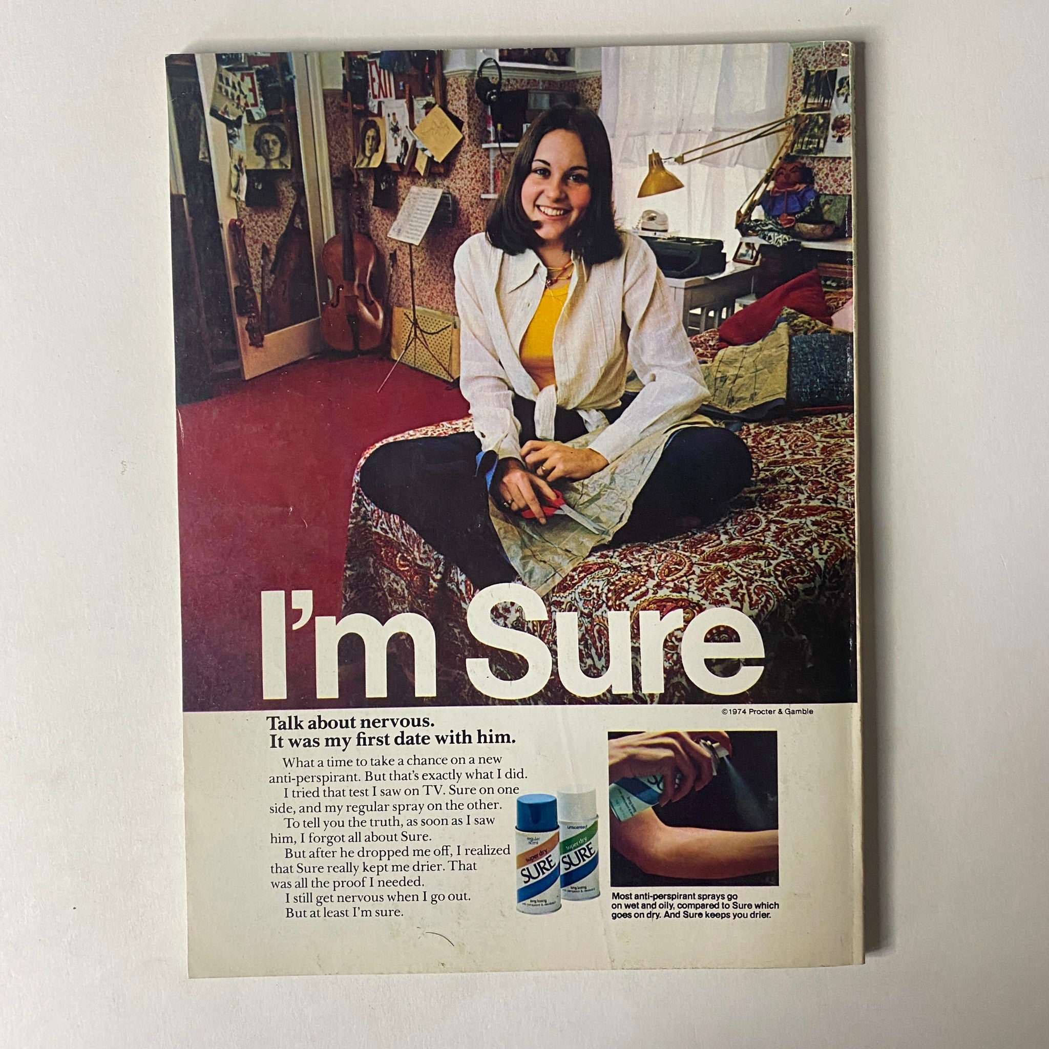 Advertisement from Seventeen Magazine June 1975 featuring a young woman sitting on a patterned bed with the text 'I'm Sure' discussing first date nerves, displaying a relatable teenage experience.