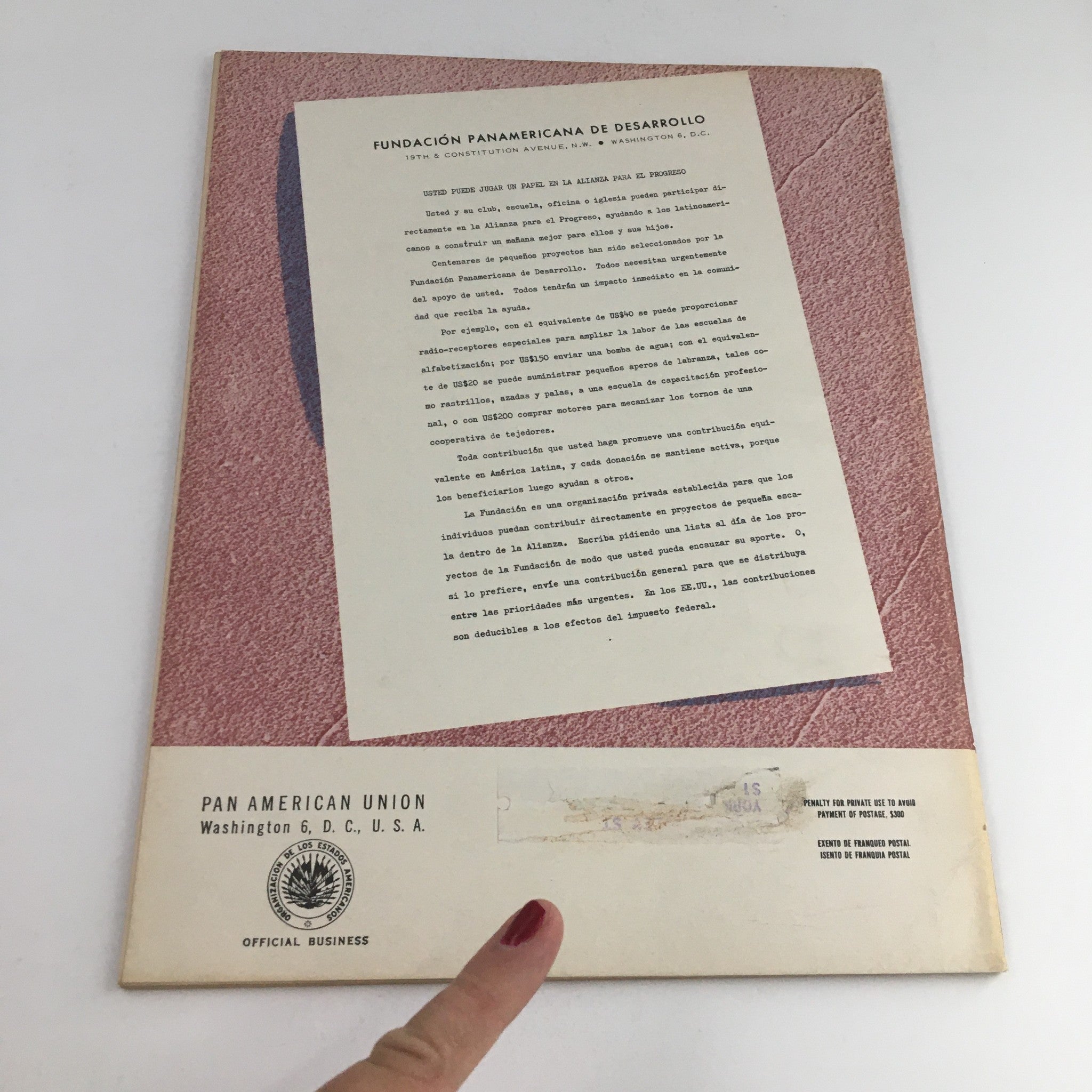 Back cover of Americas Magazine April 1965 75th Anniversary Foundation showing text and address label.