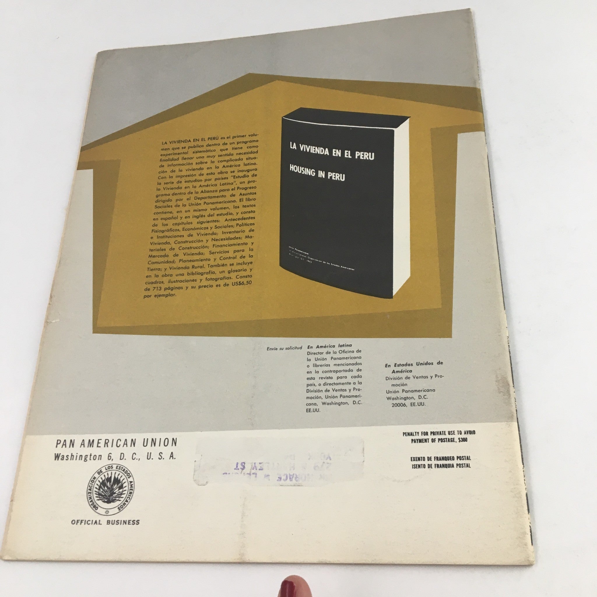 Back cover of America's Magazine, October 1964, displaying information related to housing in Peru, including Pan American Union details.