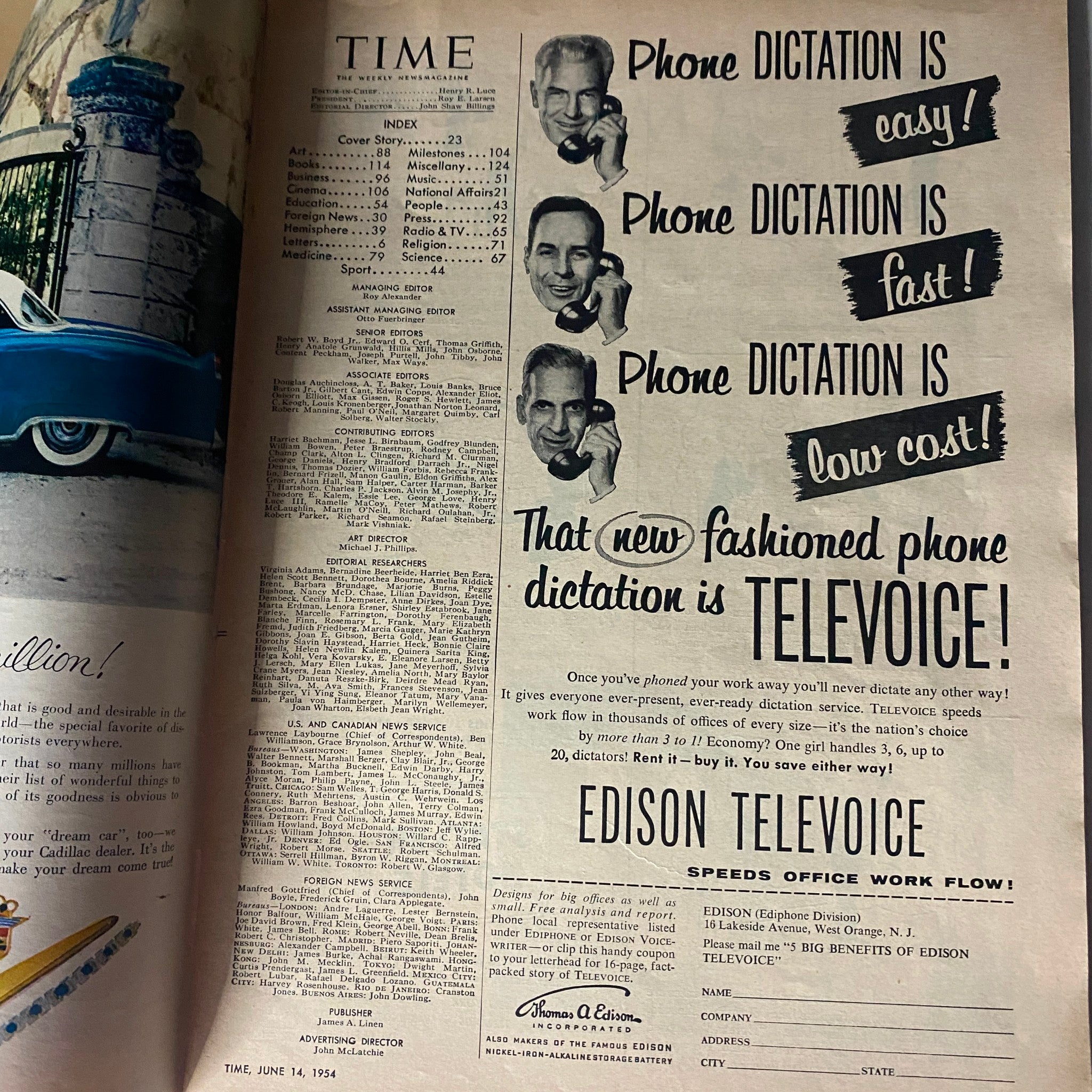 Inside page of VTG Time Magazine June 14, 1954, including advertisements and an index table, reflecting the magazine's historical context.