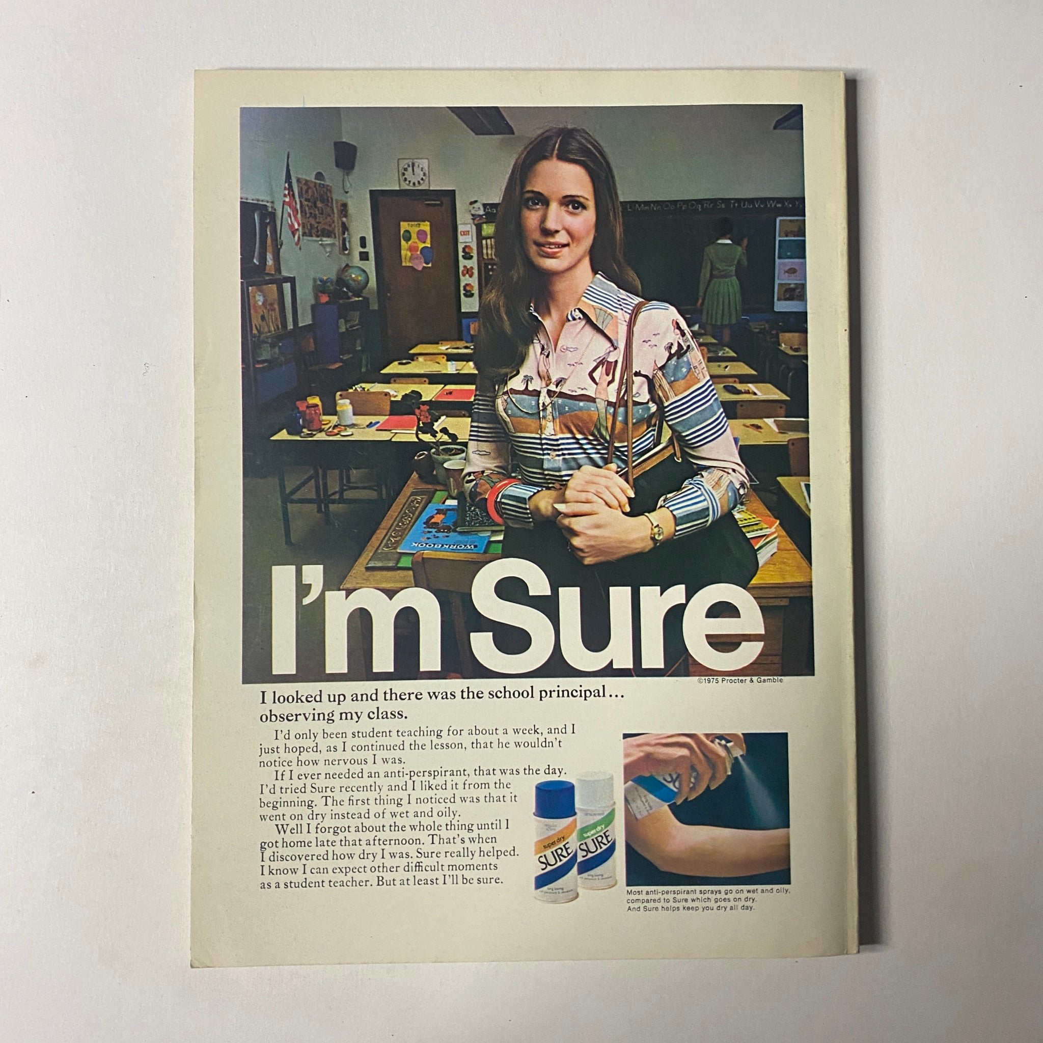 Pages from Seventeen Magazine October 1976 presenting an advertisement with a model in a classroom setting, promoting a product while also capturing the essence of 1970s fashion and culture.