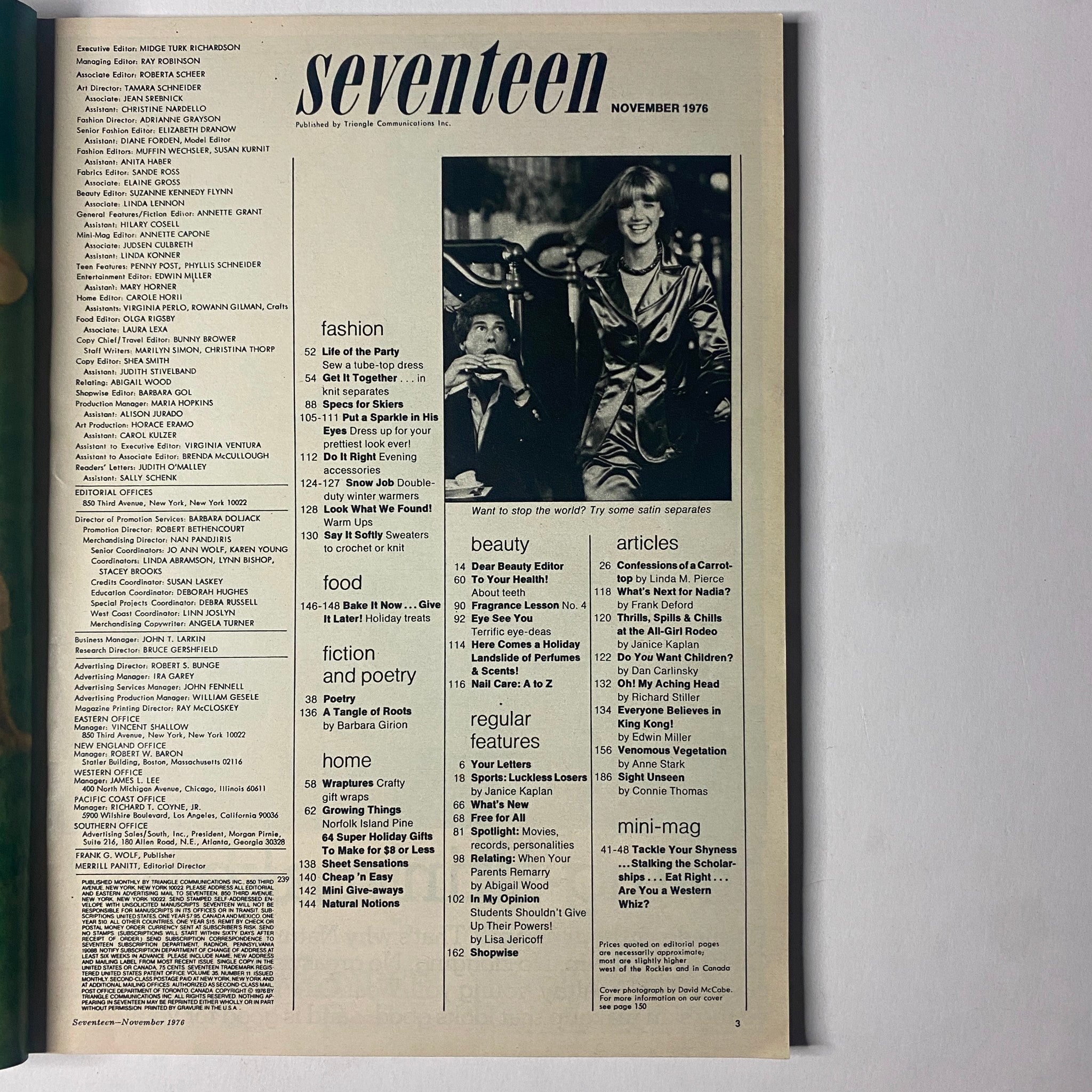 Table of contents from Seventeen Magazine November 1976, showcasing articles on fashion, beauty, food, and features including a Nadia Comăneci interview. Essential for vintage magazine collectors.