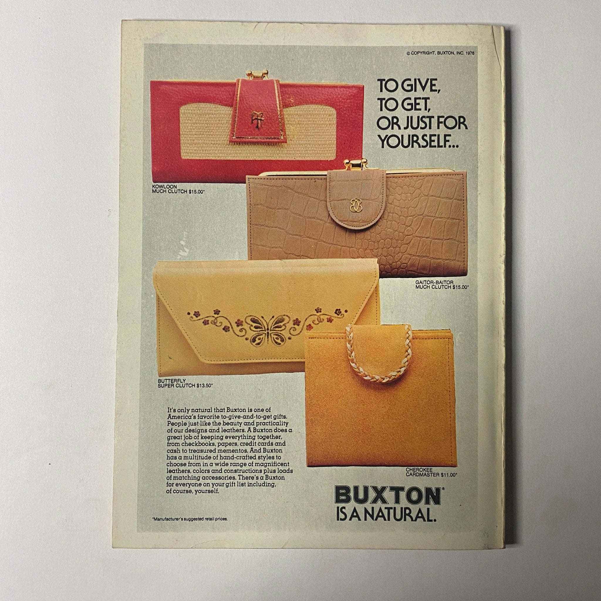 Vintage advertisement from Seventeen Magazine December 1976 promoting Buxton accessories, featuring stylish wallets in red, yellow, and a crocodile print, suitable for holiday gifting.