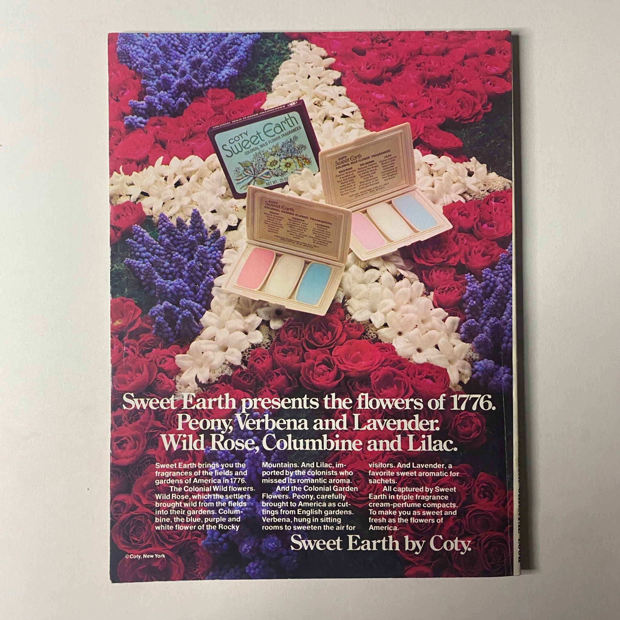Advertisement for Sweet Earth by Coty in Seventeen Magazine September 1975, featuring makeup products with floral arrangements, capturing the essence of 1970s beauty trends.