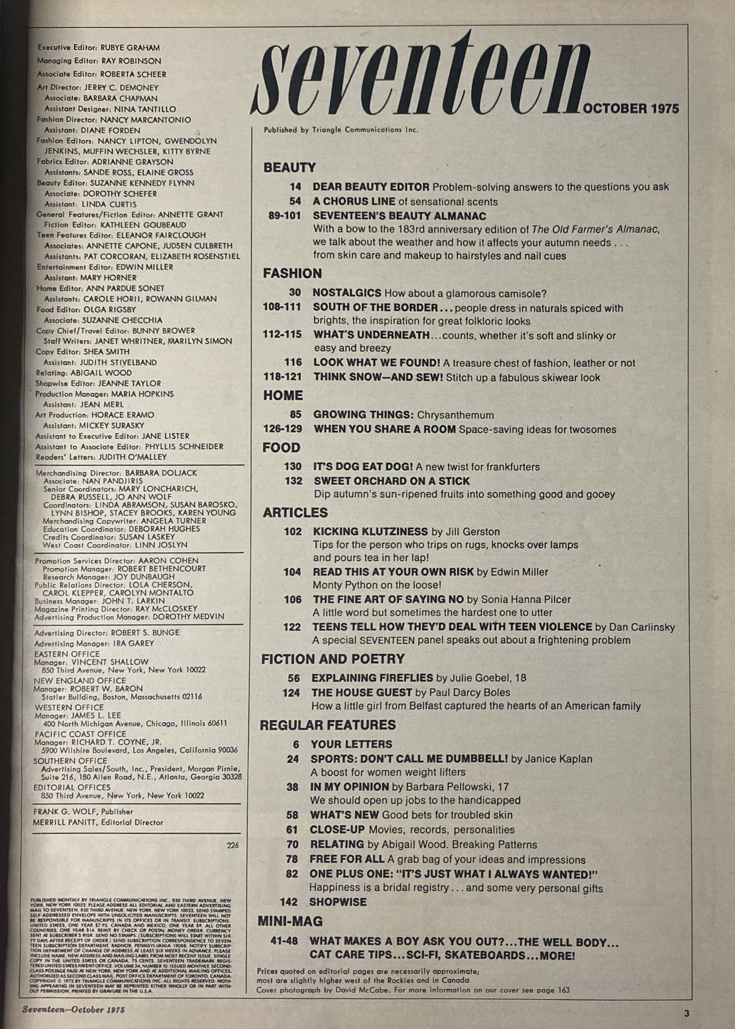 Table of contents from Seventeen Magazine October 1975, listing sections on beauty, fashion, and articles including topics like solving beauty problems and fall fashion inspirations.