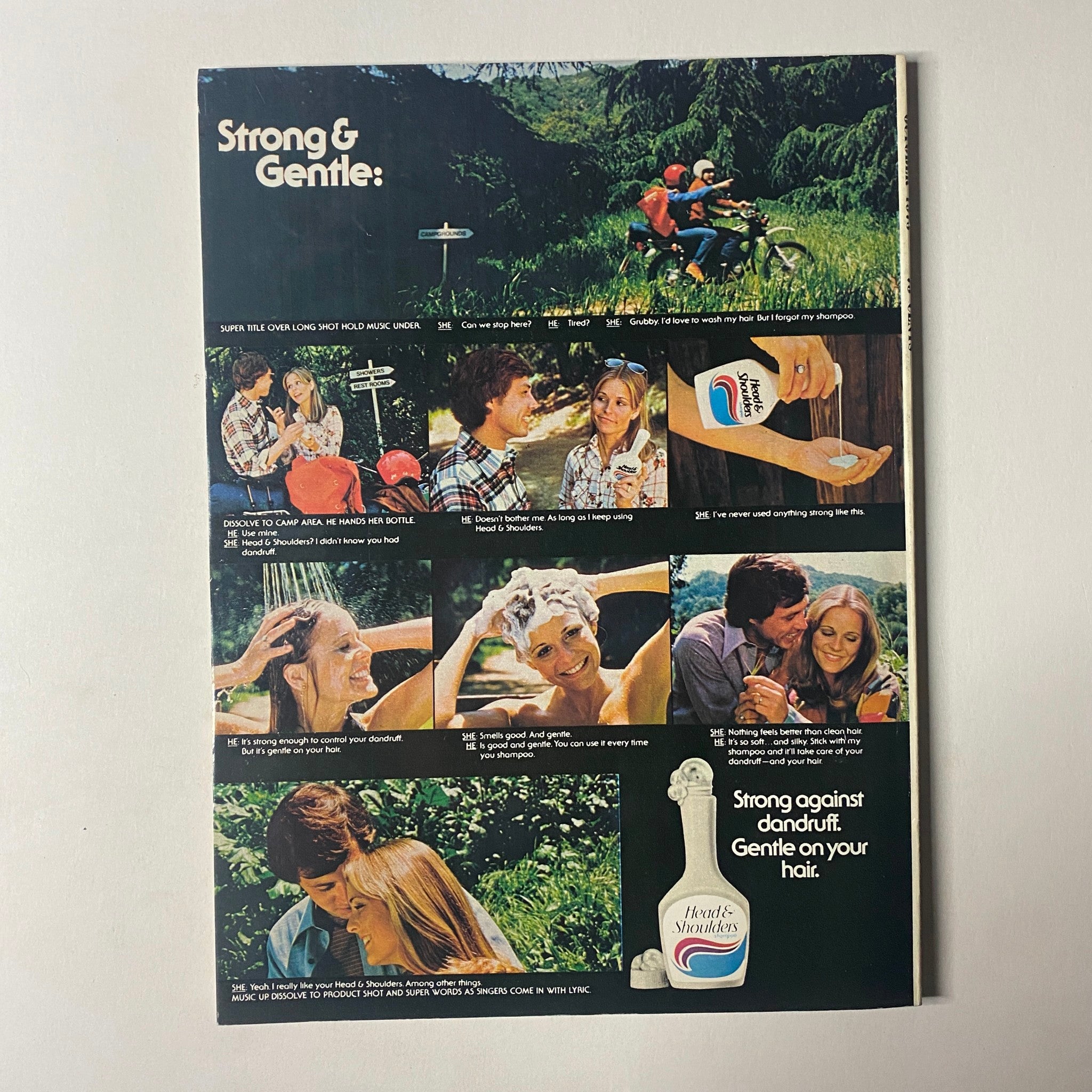 Advertisement in Seventeen Magazine October 1975 for dandruff solution featuring couples enjoying outdoor activities while discussing hair care products.