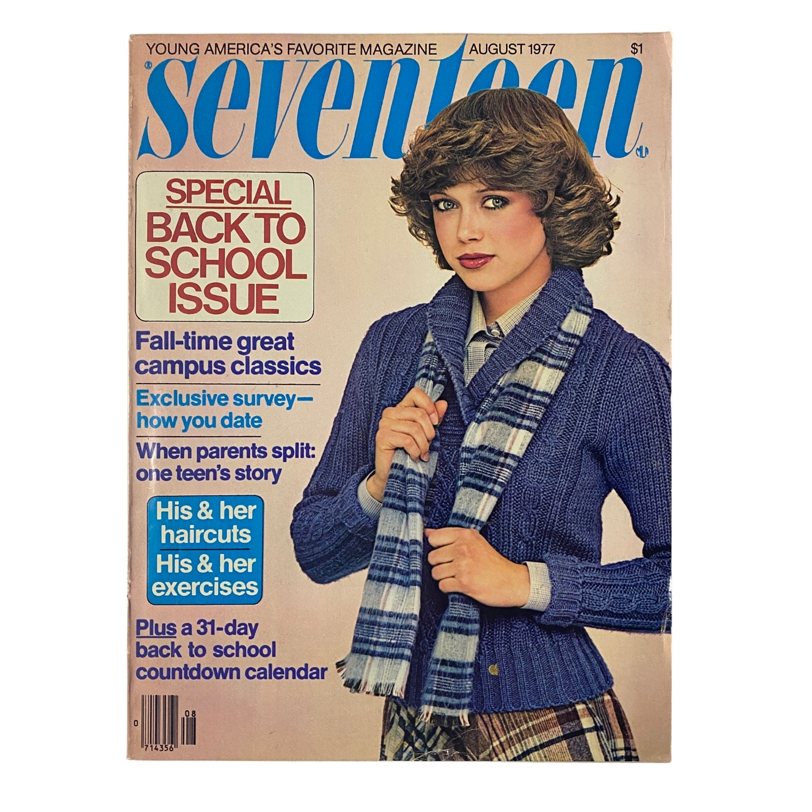 Seventeen Magazine August 1977 Special Back-to-School Issue featuring a fashionable model in a stylish outfit, showcasing fall trends and back-to-school style. This cover highlights the magazine's focus on teen fashion and lifestyle.