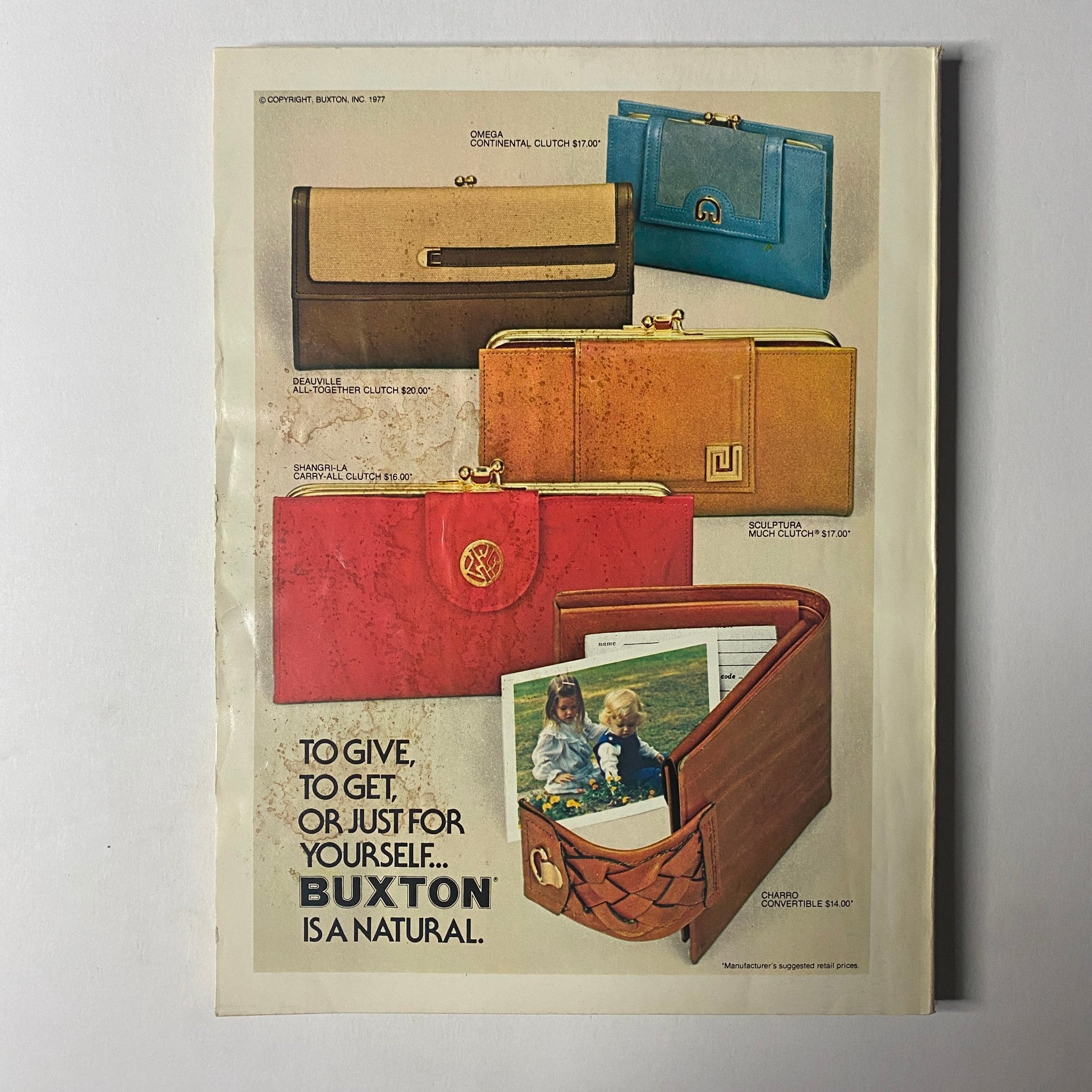 Advertisement for Buxton wallets and organizers from Seventeen Magazine August 1977, showcasing a range of colorful styles including red, yellow, and brown. This vintage image complements the Special Back-to-School Issue, highlighting fashion accessories for teens.