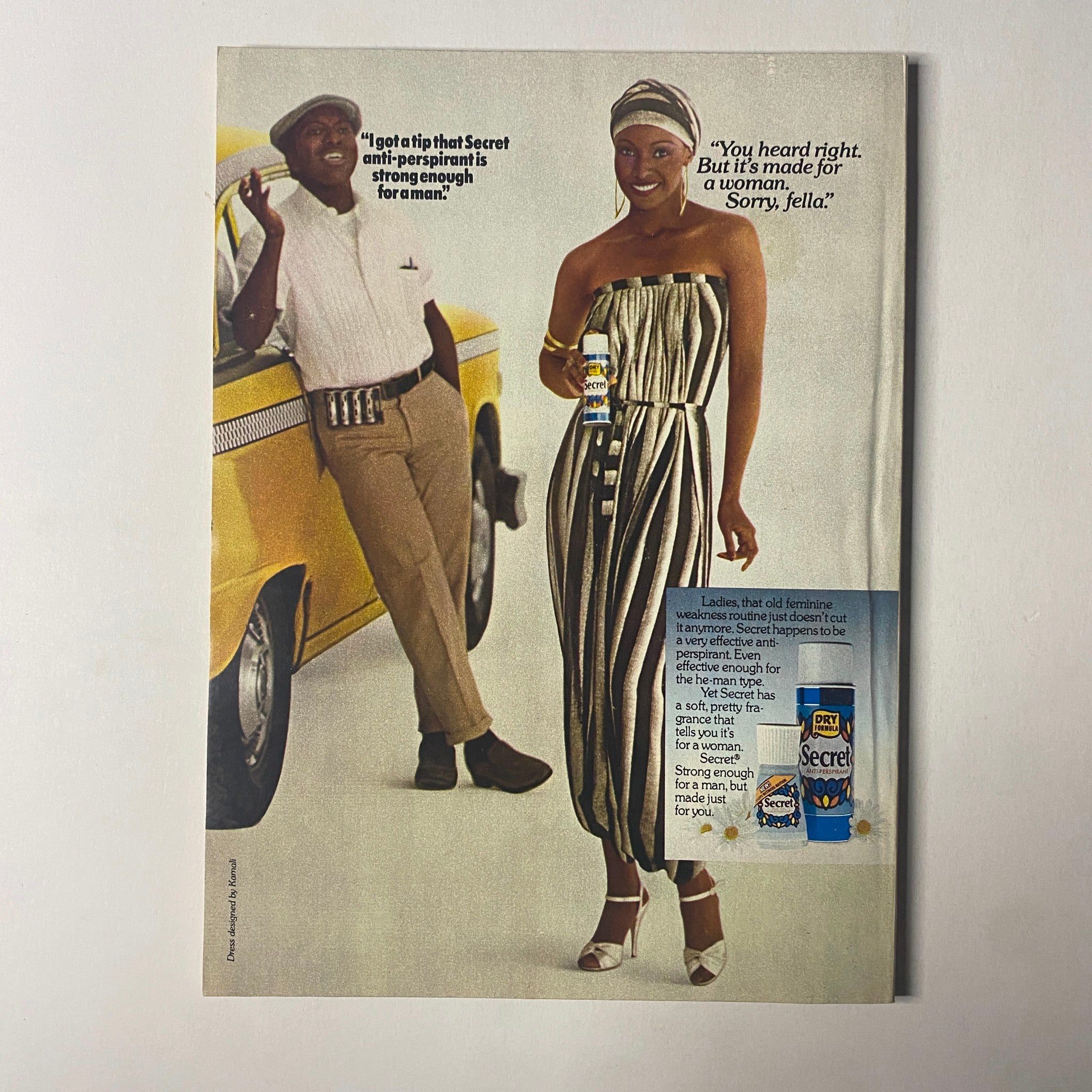 Advertisment page from Seventeen Magazine June 1978 - Big Beauty Issue featuring a model in a striped jumpsuit promoting Secret deodorant.