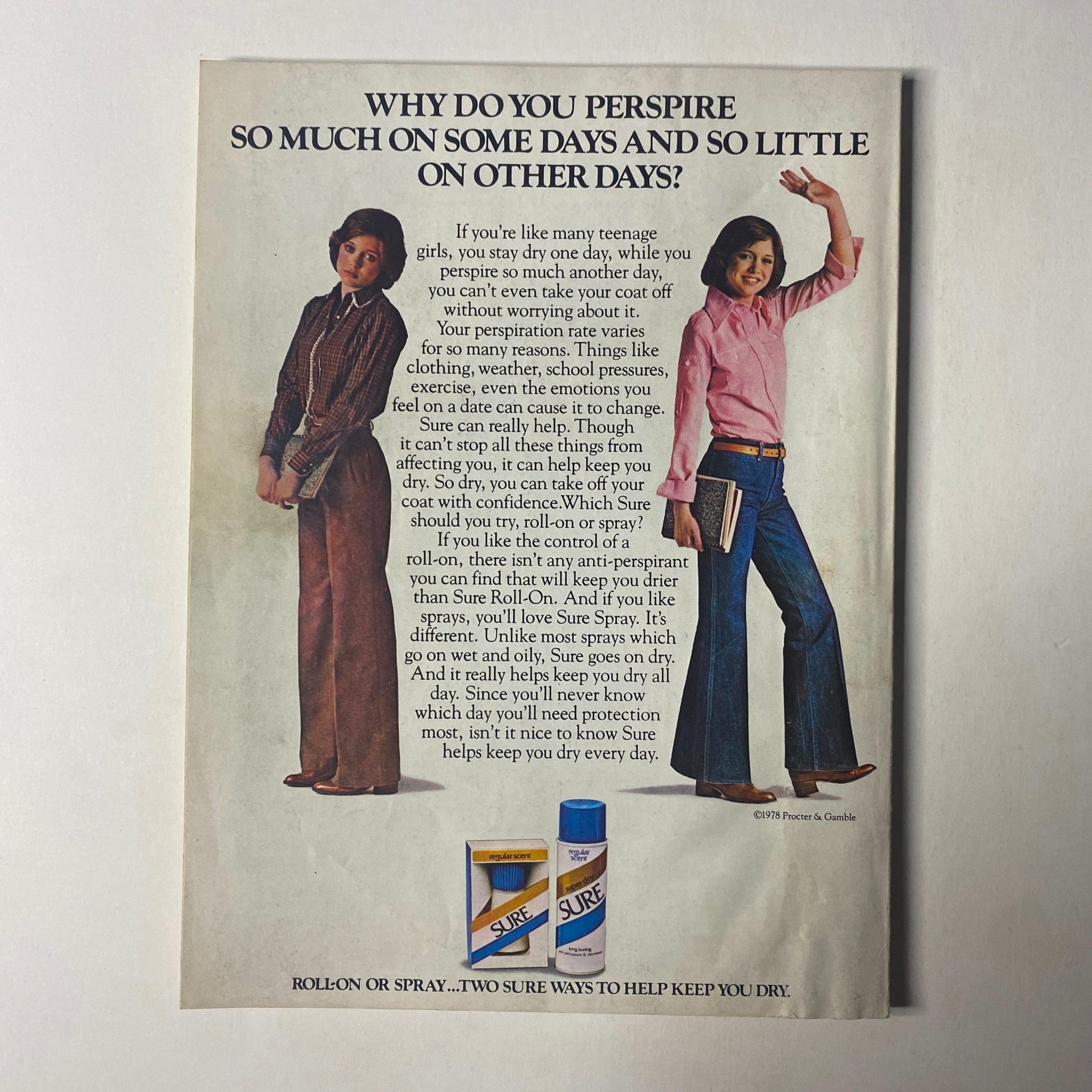 Advertisement from Seventeen Magazine October 1978 featuring a fashion illustration and a beauty tips segment, with the title 'Why Do You Perspire So Much on Some Days and So Little on Other Days?' highlighting product features of 'Sure' deodorant.