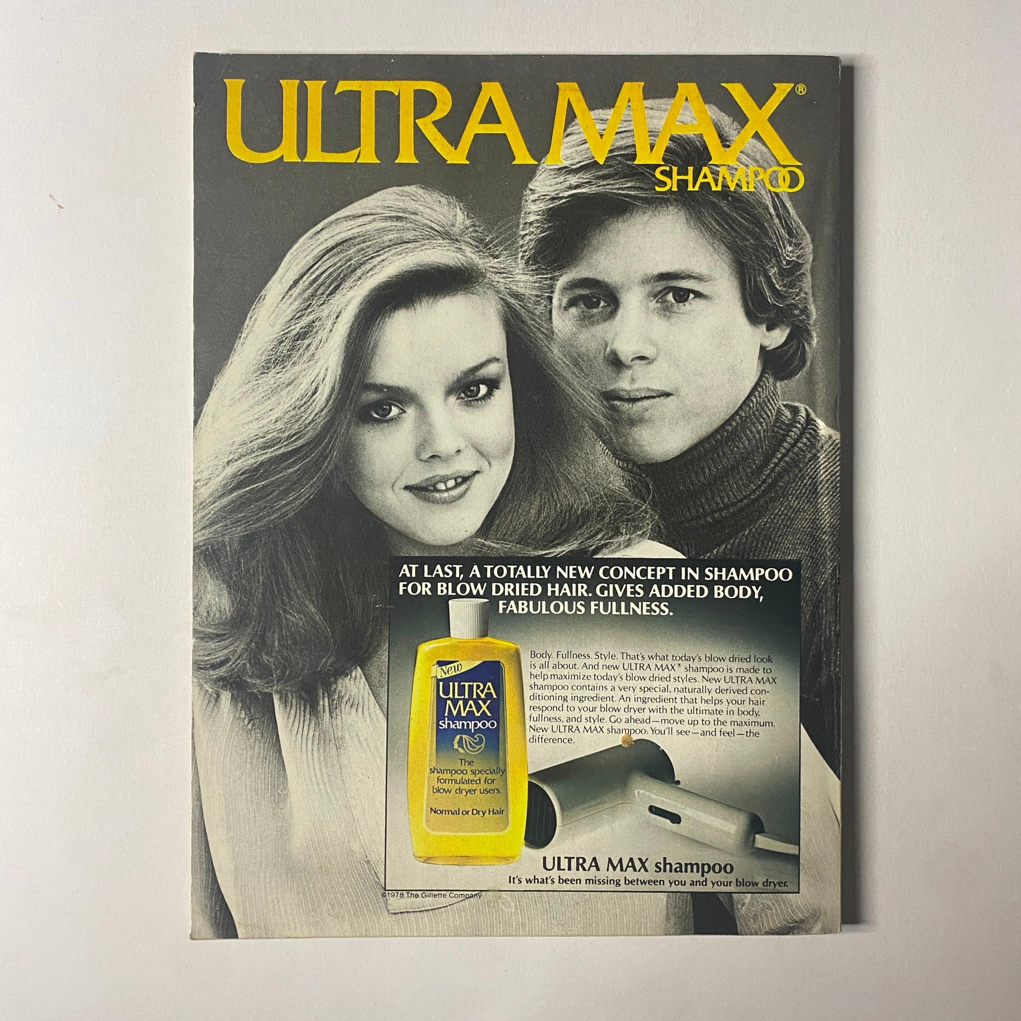 Vintage advertisement featuring Ultra Max shampoo, promoting added body and fullness for blow-dried hair. It highlights a model and a man with stylish hair, connected to the Seventeen Magazine May 1978 National Swim Meet issue.
