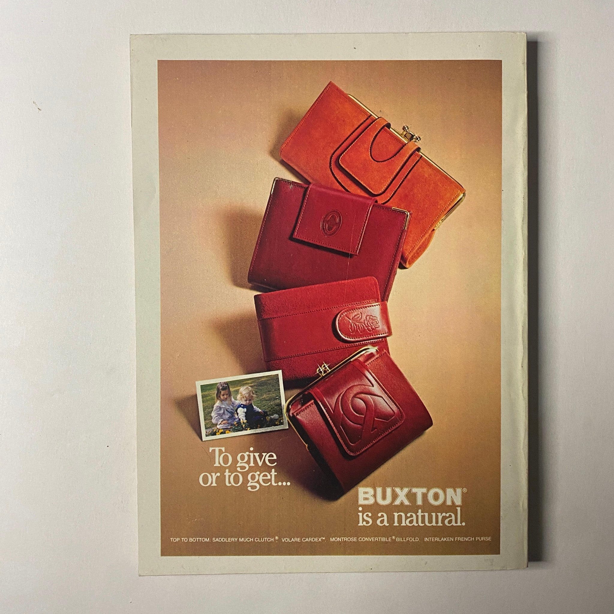 Back cover of Seventeen Magazine August 1978 Back-to-School Issue advertising Buxton products with stylish leather accessories.